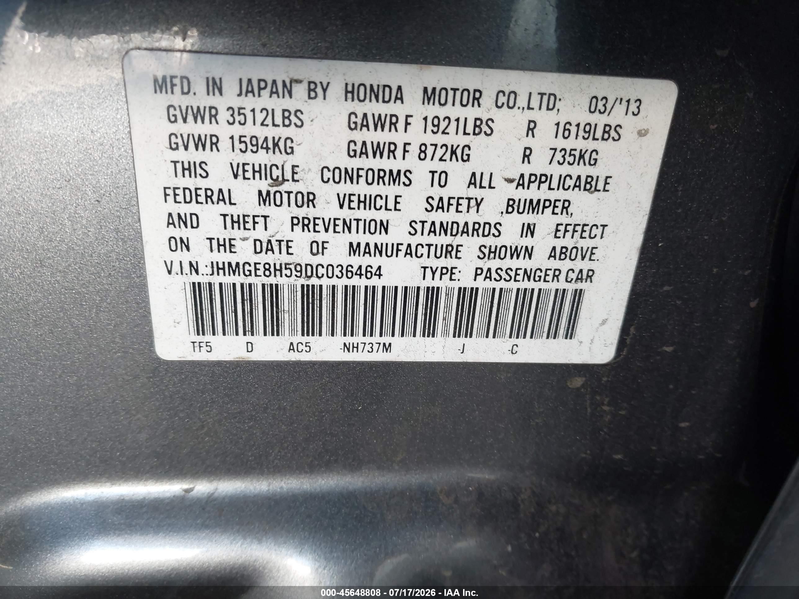 2013 Honda Fit Sport Gray vin: JHMGE8H59DC036464