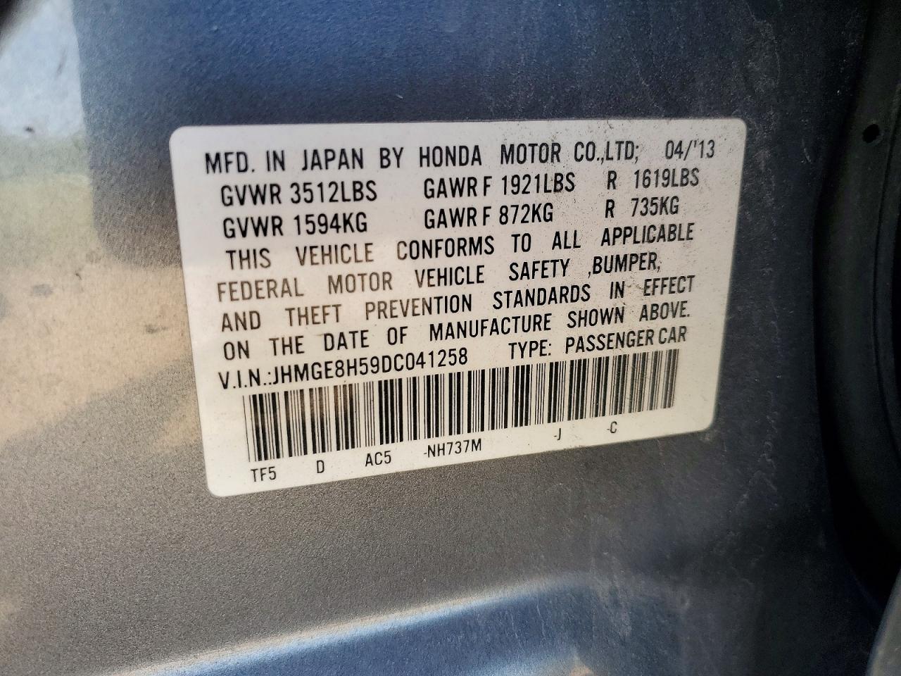 2013 Honda Fit Sport Gray vin: JHMGE8H59DC041258