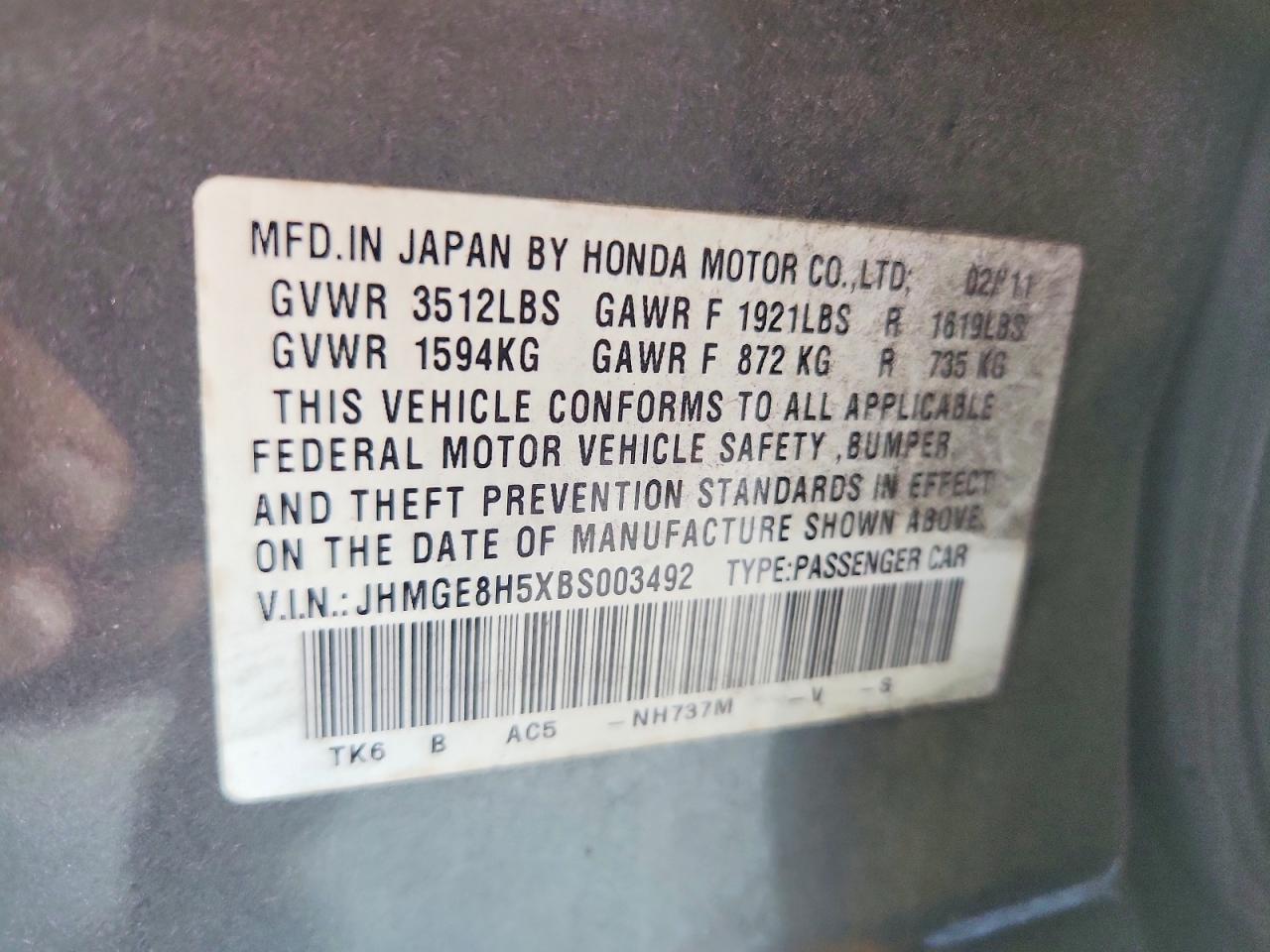 2011 Honda Fit Sport Gray vin: JHMGE8H5XBS003492