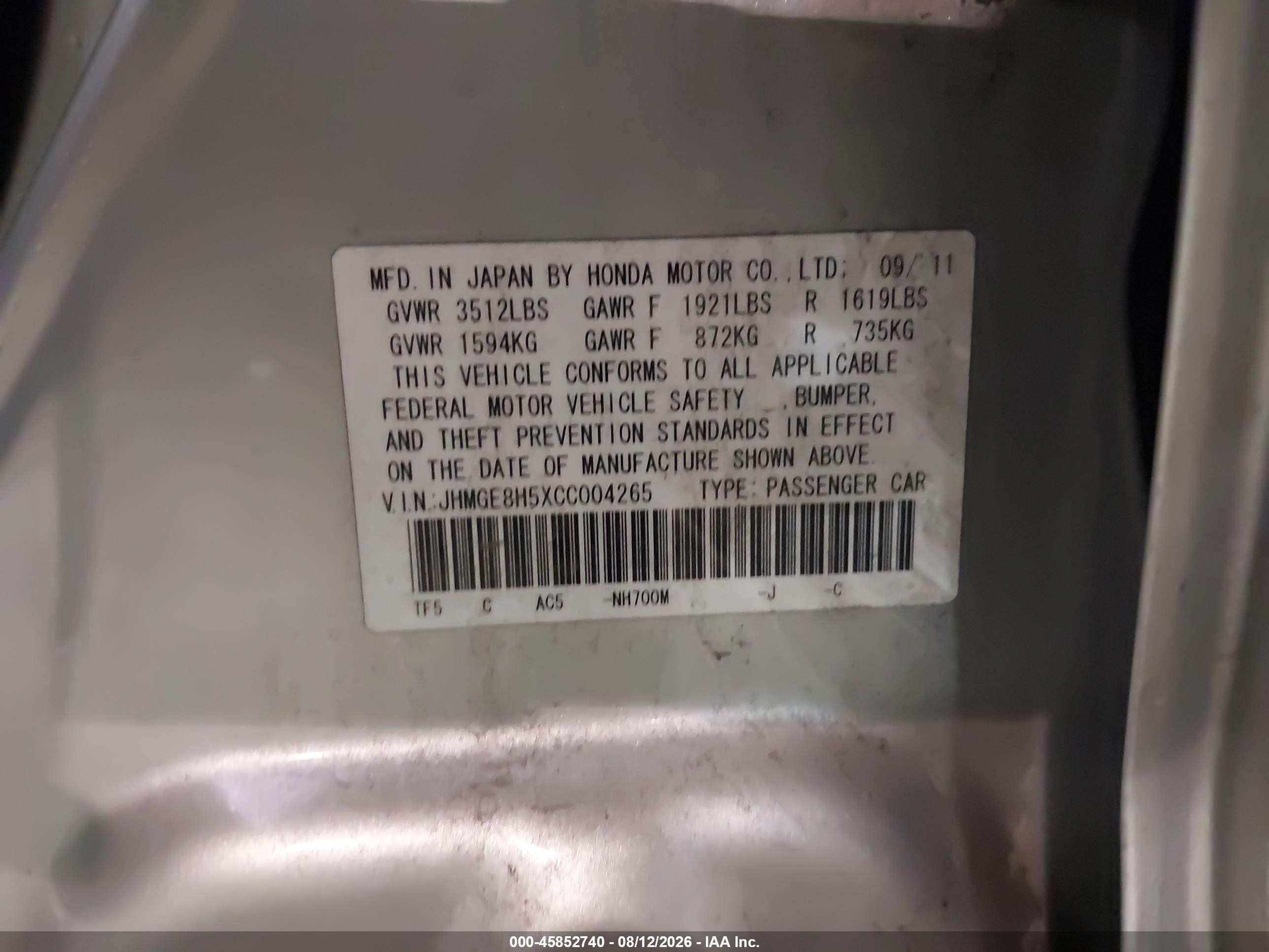 2012 Honda Fit Sport Silver vin: JHMGE8H5XCC004265
