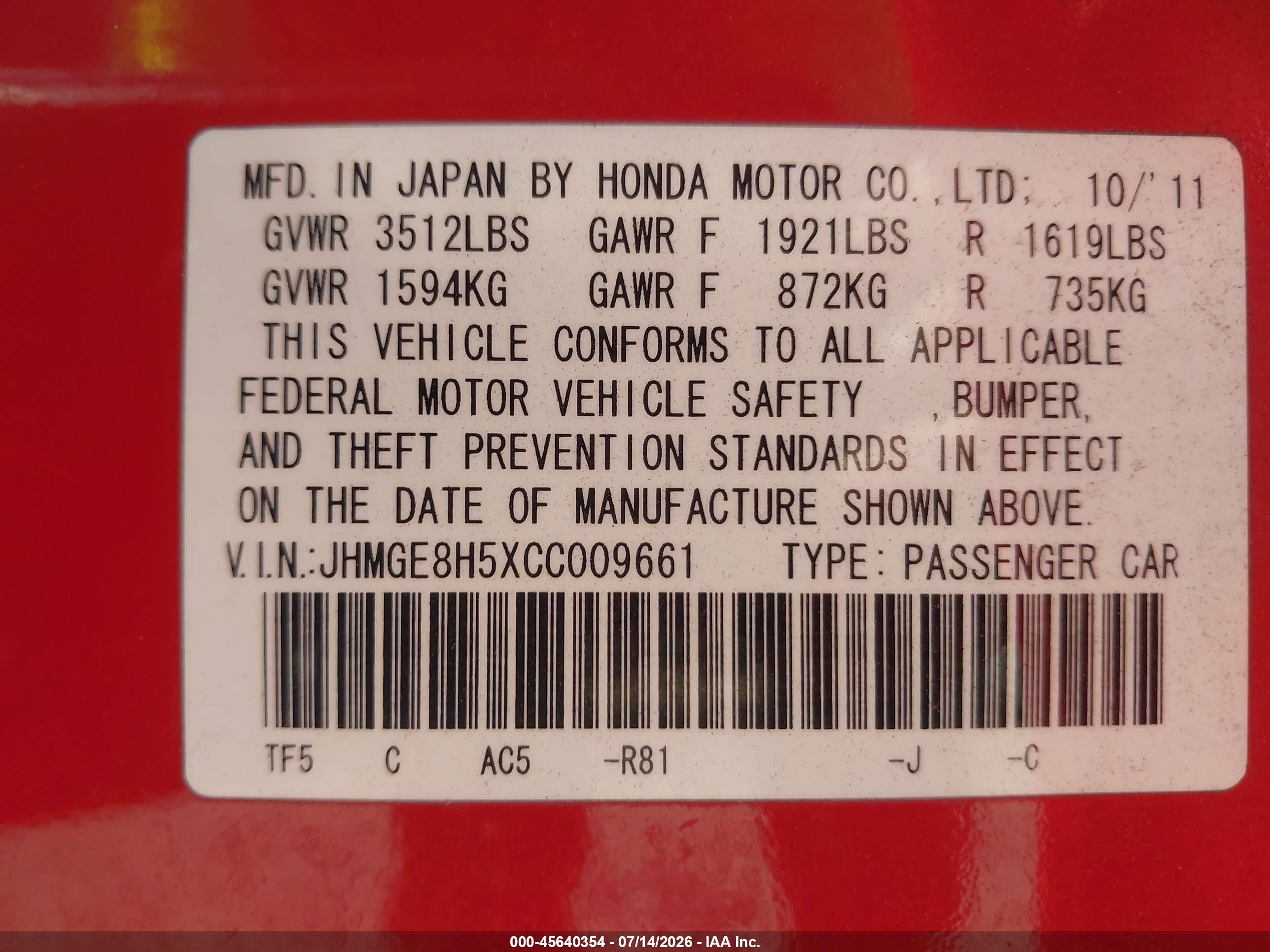 2012 Honda Fit Sport Red vin: JHMGE8H5XCC009661