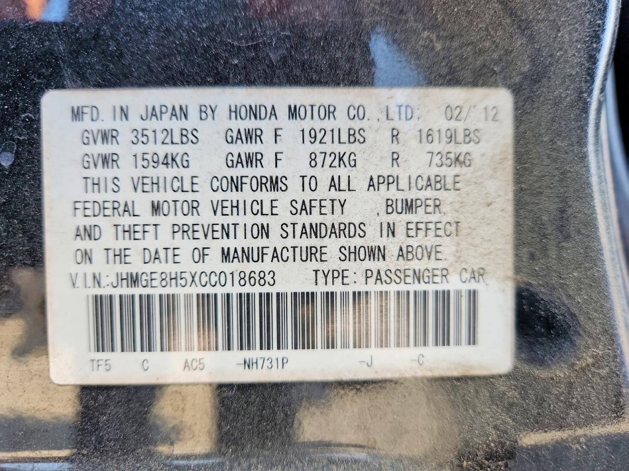 2012 Honda Fit Sport Black vin: JHMGE8H5XCC018683