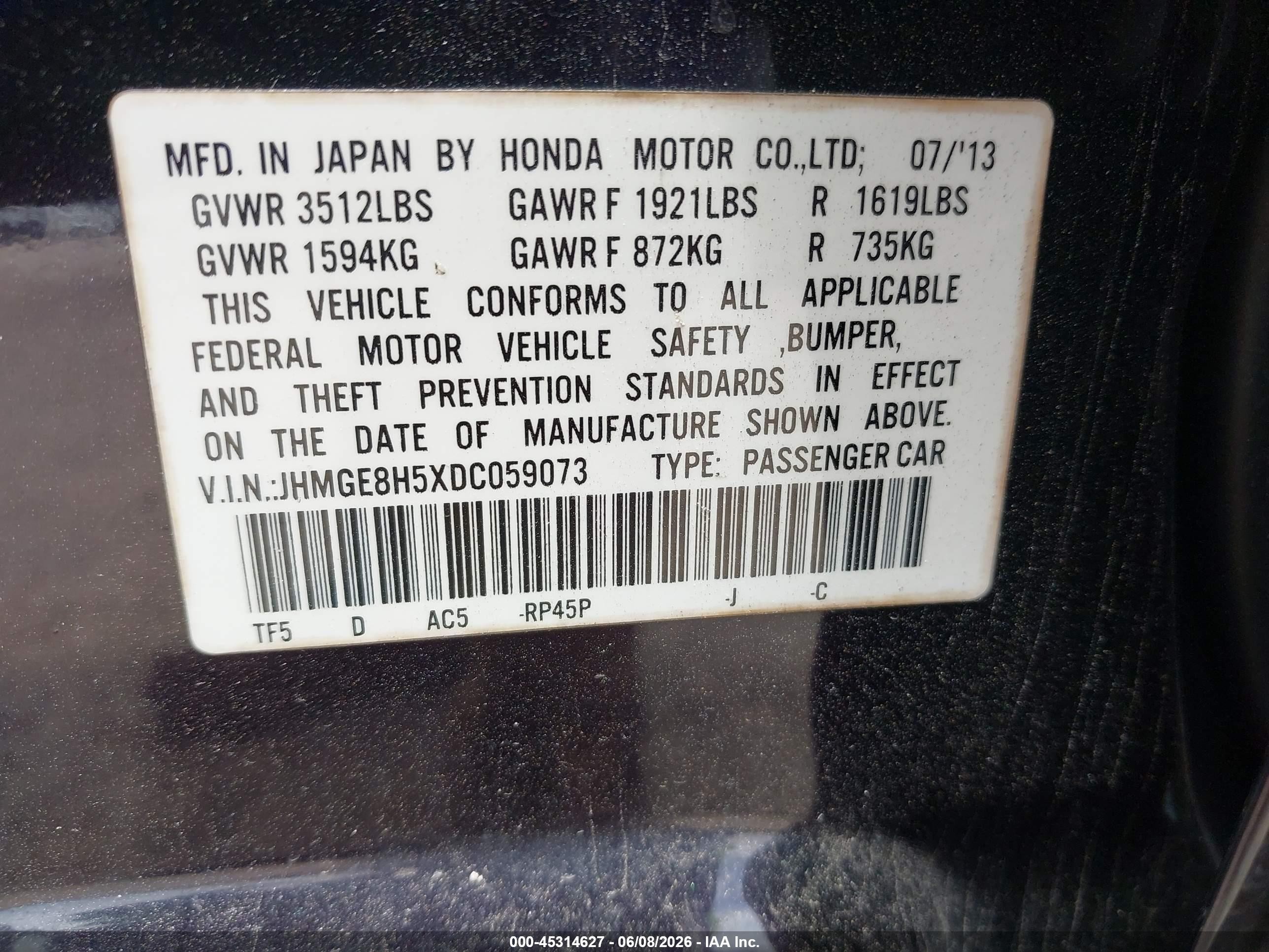 2013 Honda Fit Sport Black vin: JHMGE8H5XDC059073