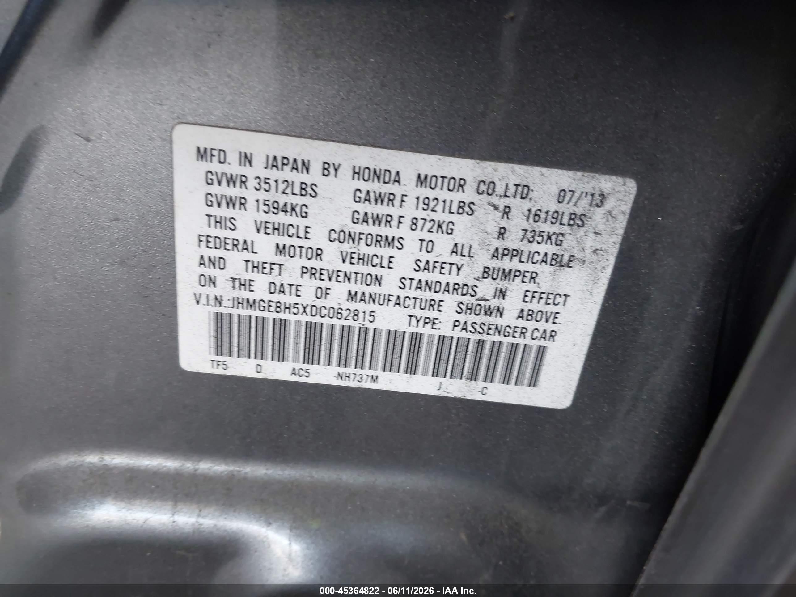 2013 Honda Fit Sport Gray vin: JHMGE8H5XDC062815