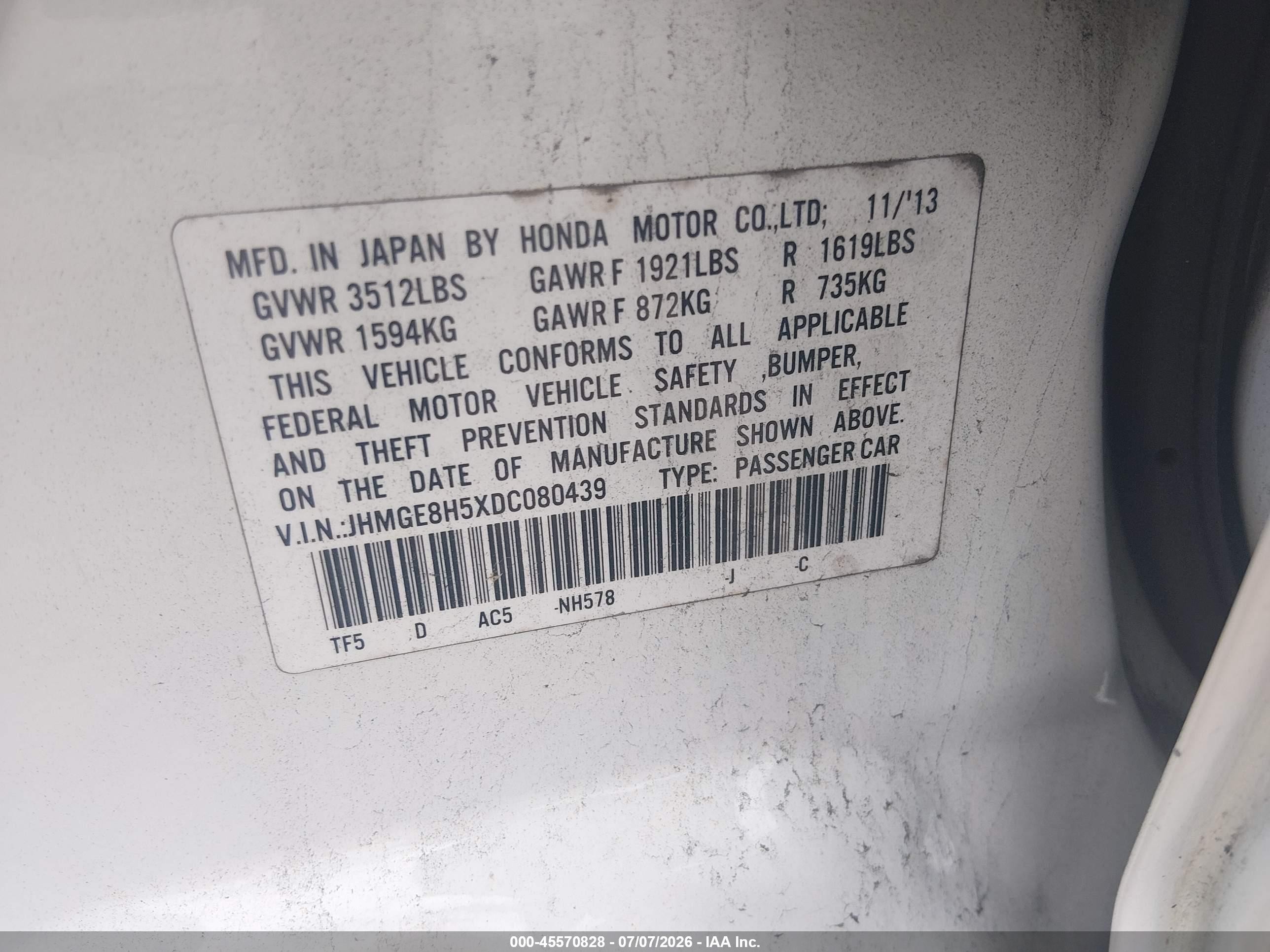 2013 Honda Fit Sport Белый vin: JHMGE8H5XDC080439