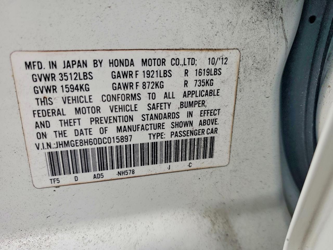 2013 Honda Fit Sport White vin: JHMGE8H60DC015897