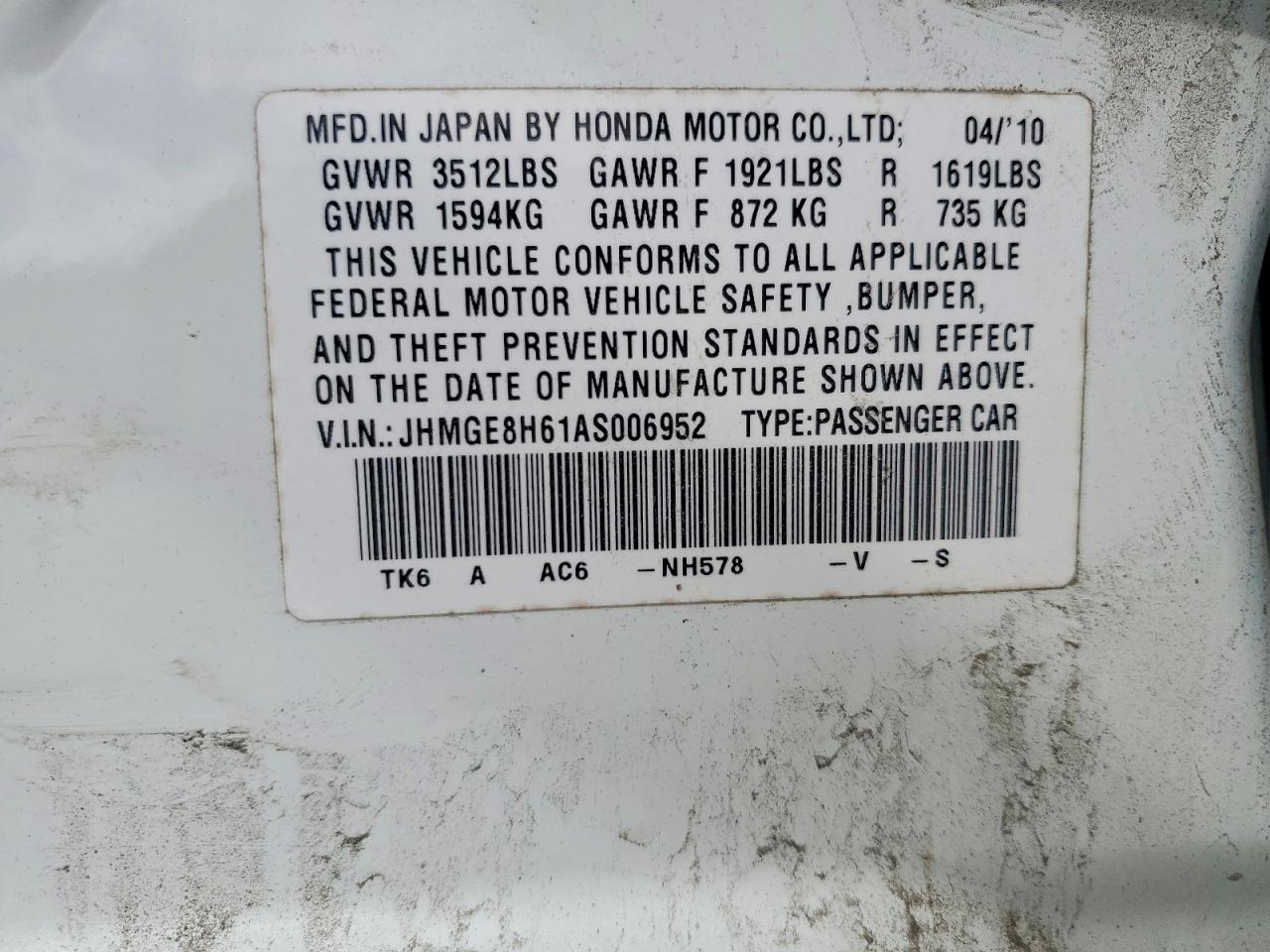 2010 Honda Fit Sport Белый vin: JHMGE8H61AS006952