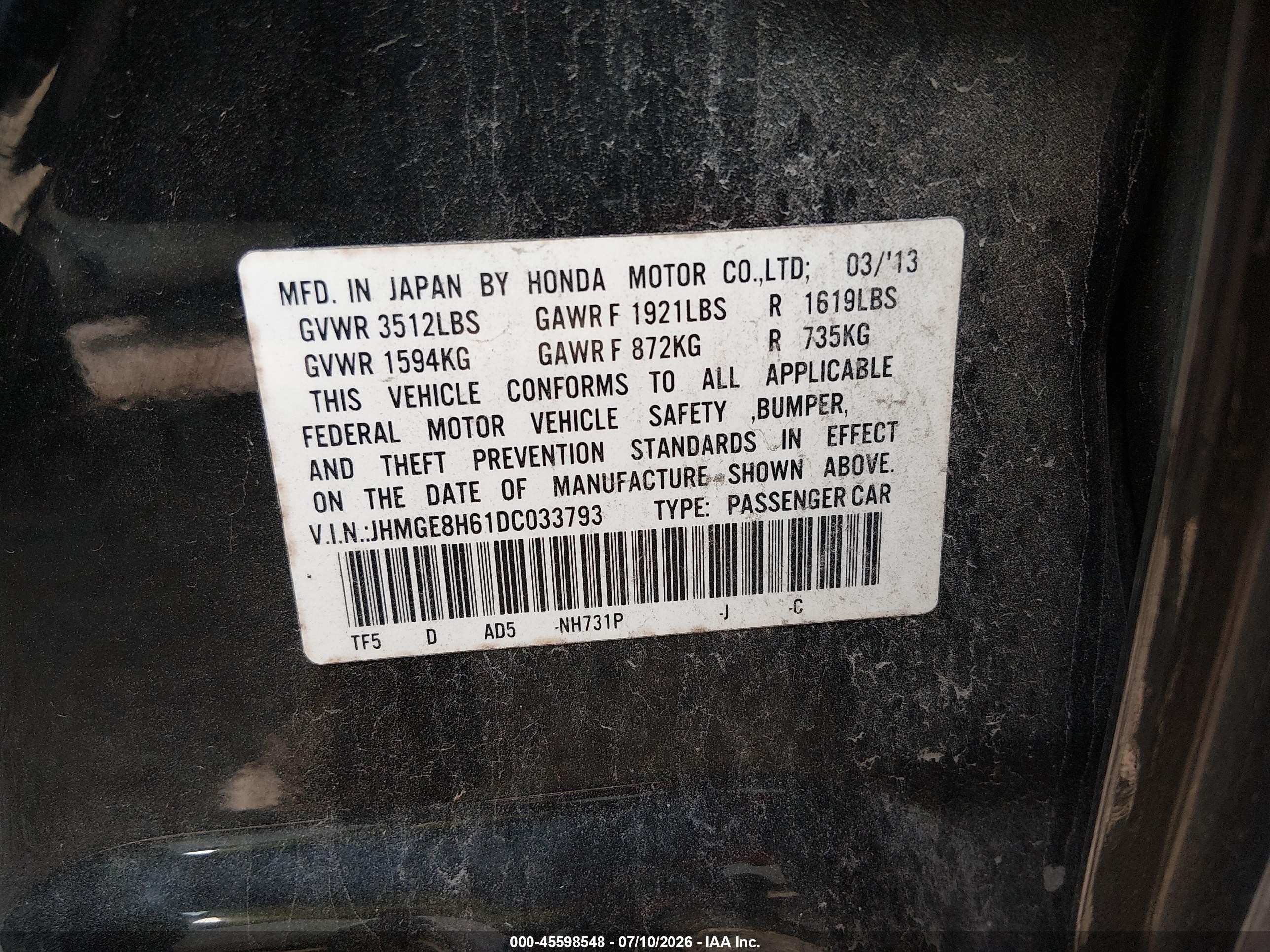 2013 Honda Fit Sport Black vin: JHMGE8H61DC033793