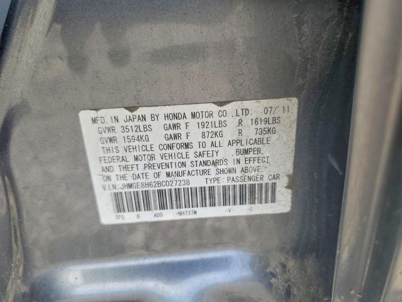 2011 Honda Fit Sport Gray vin: JHMGE8H62BC027238