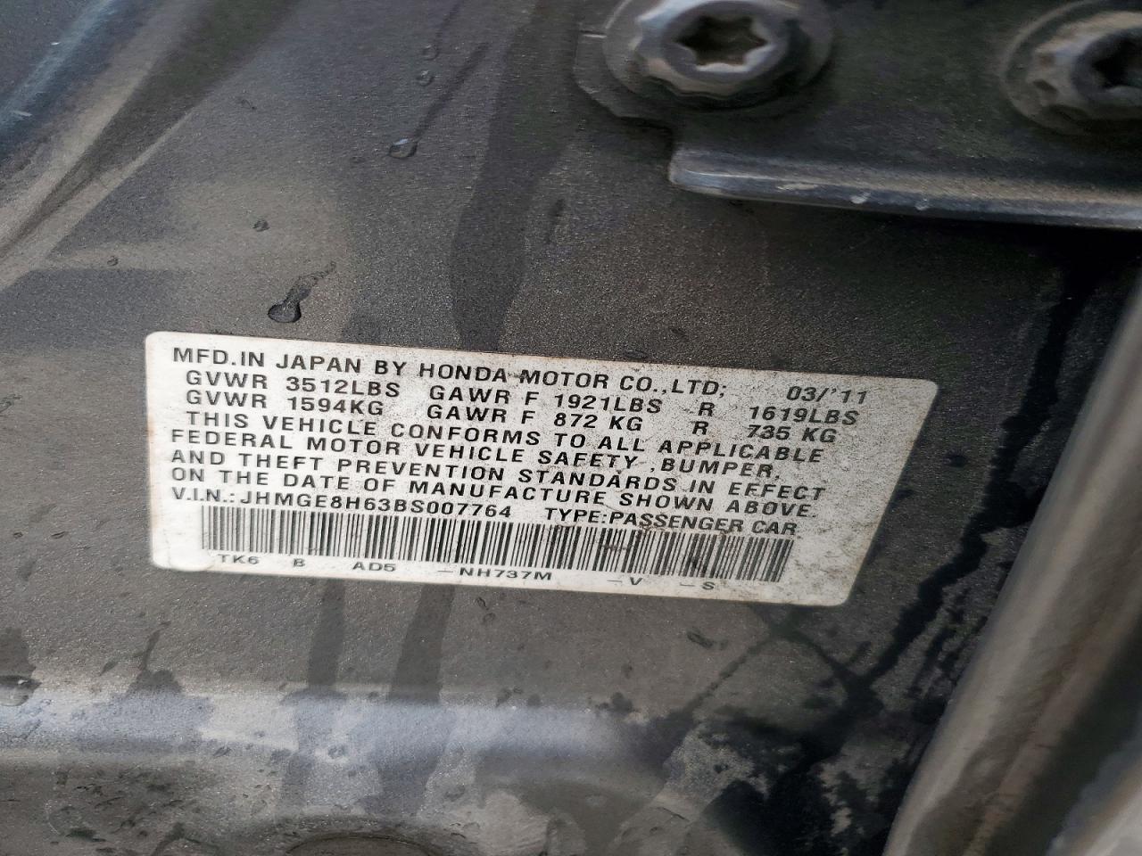 2011 Honda Fit Sport Gray vin: JHMGE8H63BS007764