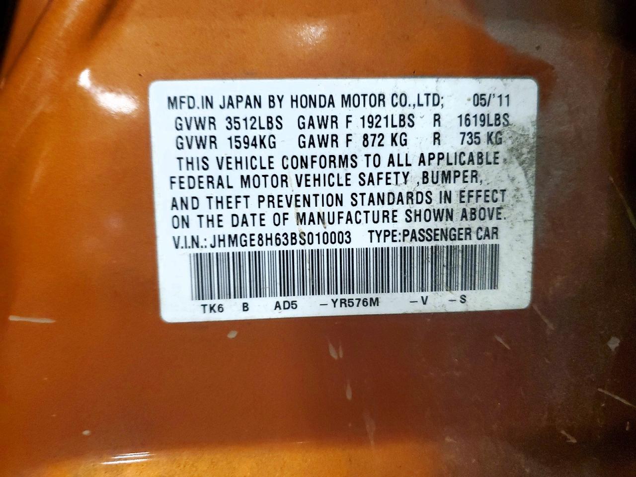 2011 Honda Fit Sport Orange vin: JHMGE8H63BS010003