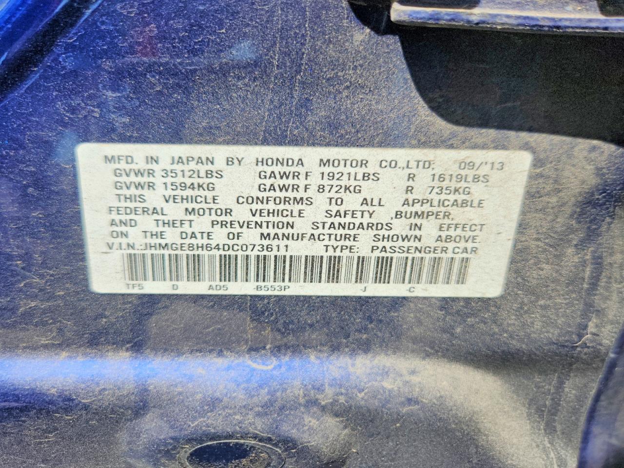 2013 Honda Fit Sport Blue vin: JHMGE8H64DC073611