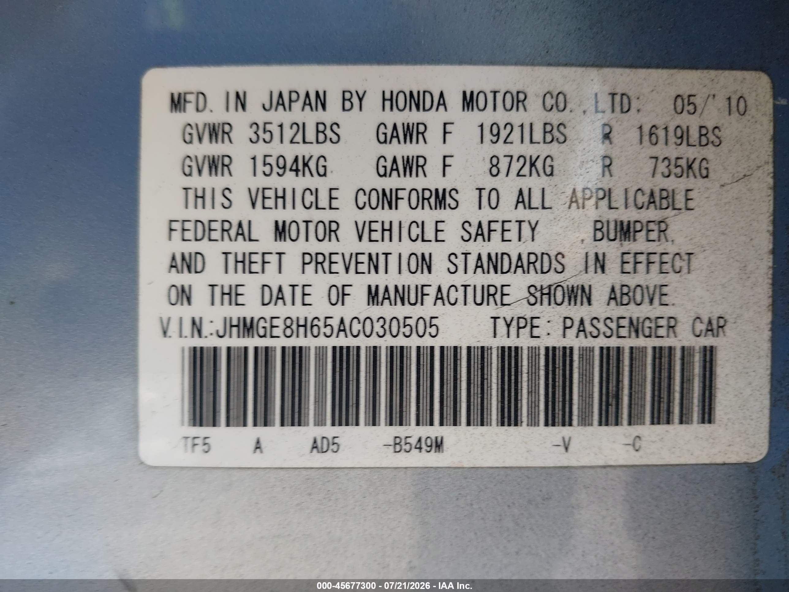 2010 Honda Fit Sport Blue vin: JHMGE8H65AC030505