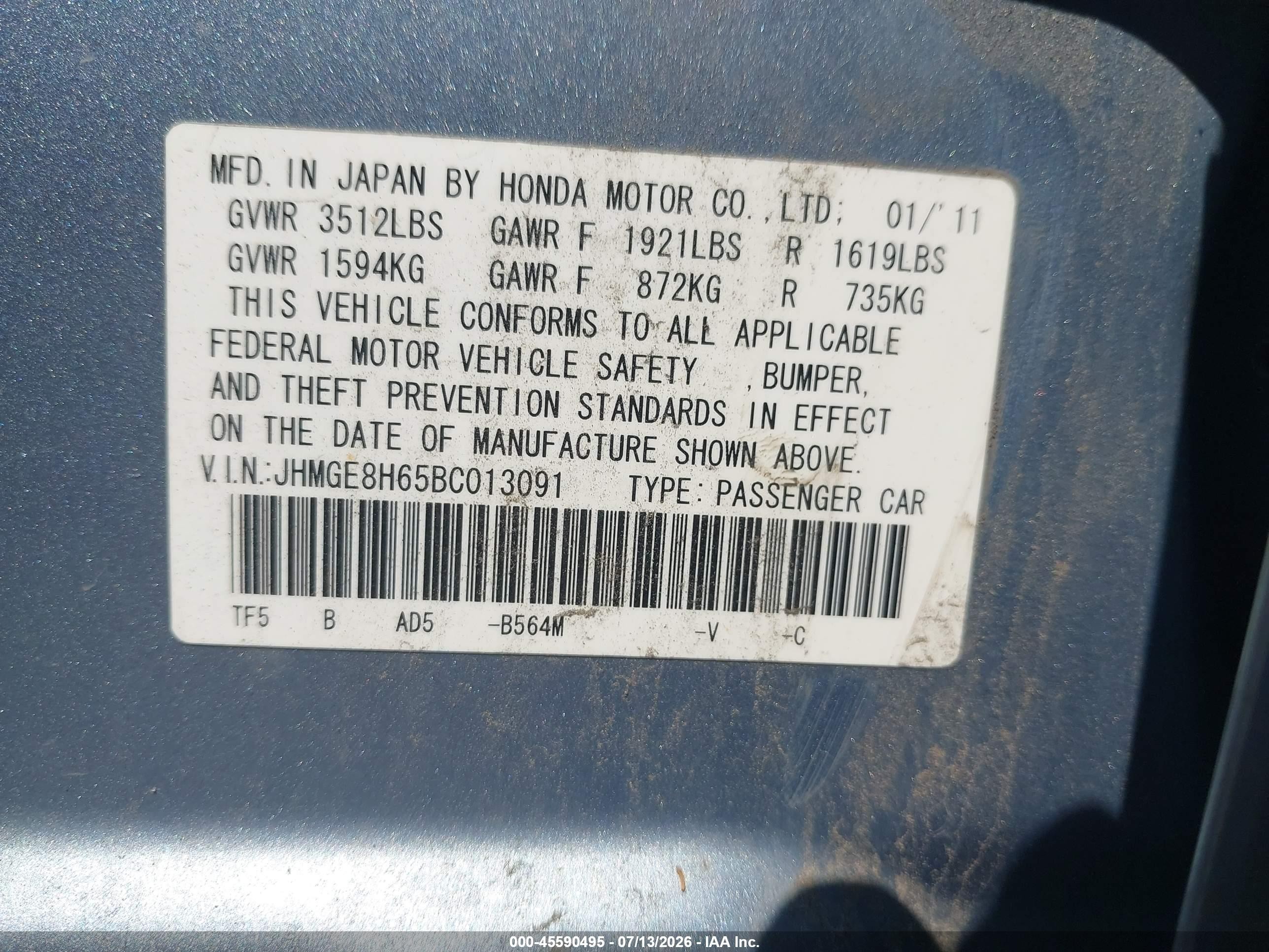 2011 Honda Fit Sport Light Blue vin: JHMGE8H65BC013091