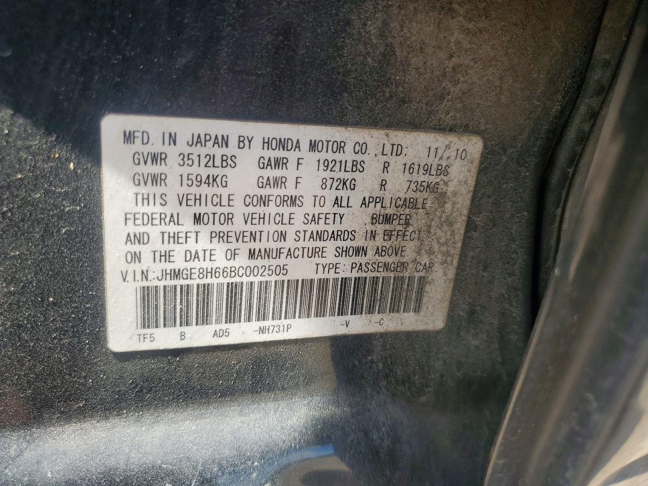 2011 Honda Fit Sport Charcoal vin: JHMGE8H66BC002505