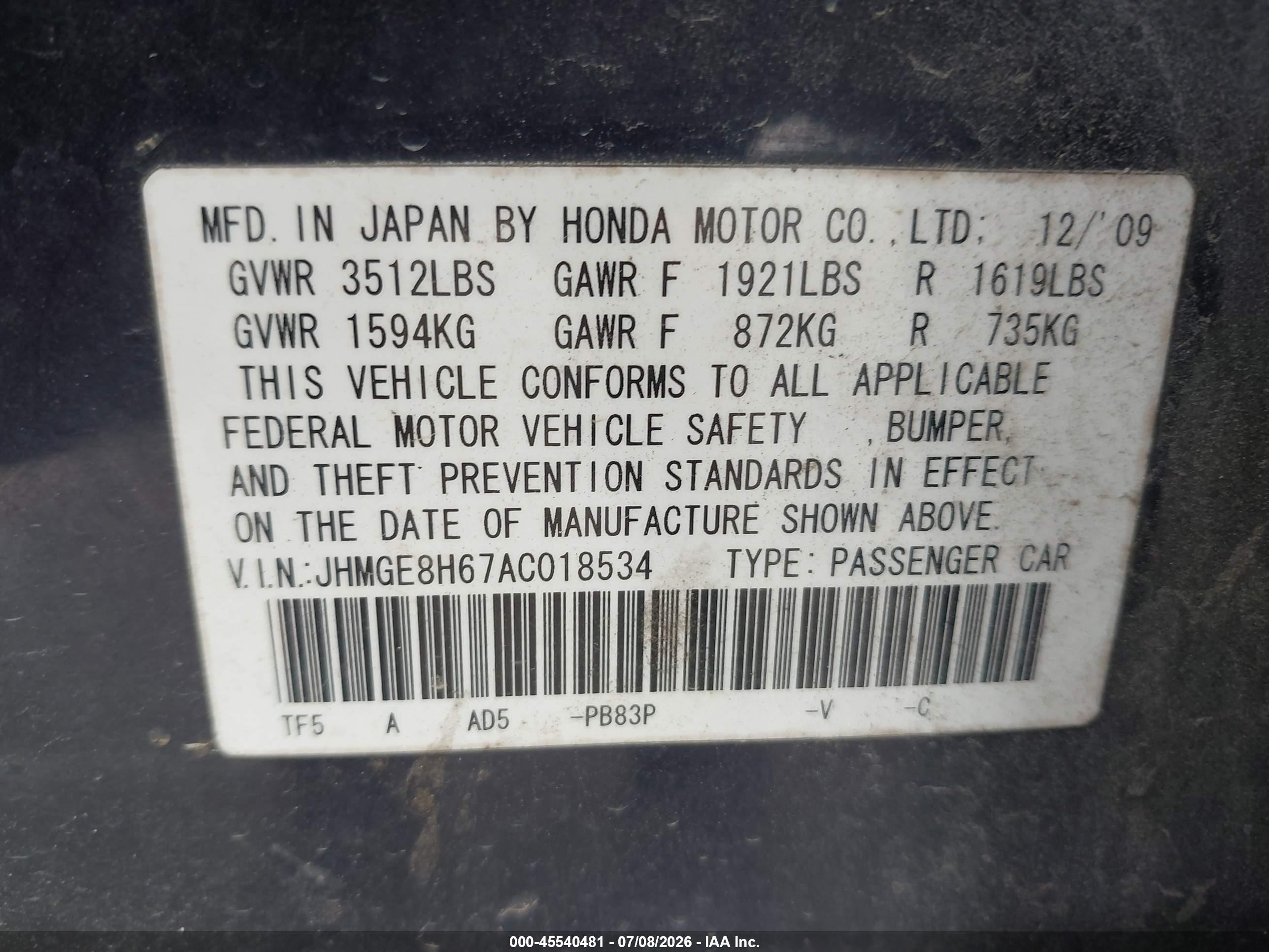 2010 Honda Fit Sport Blue vin: JHMGE8H67AC018534