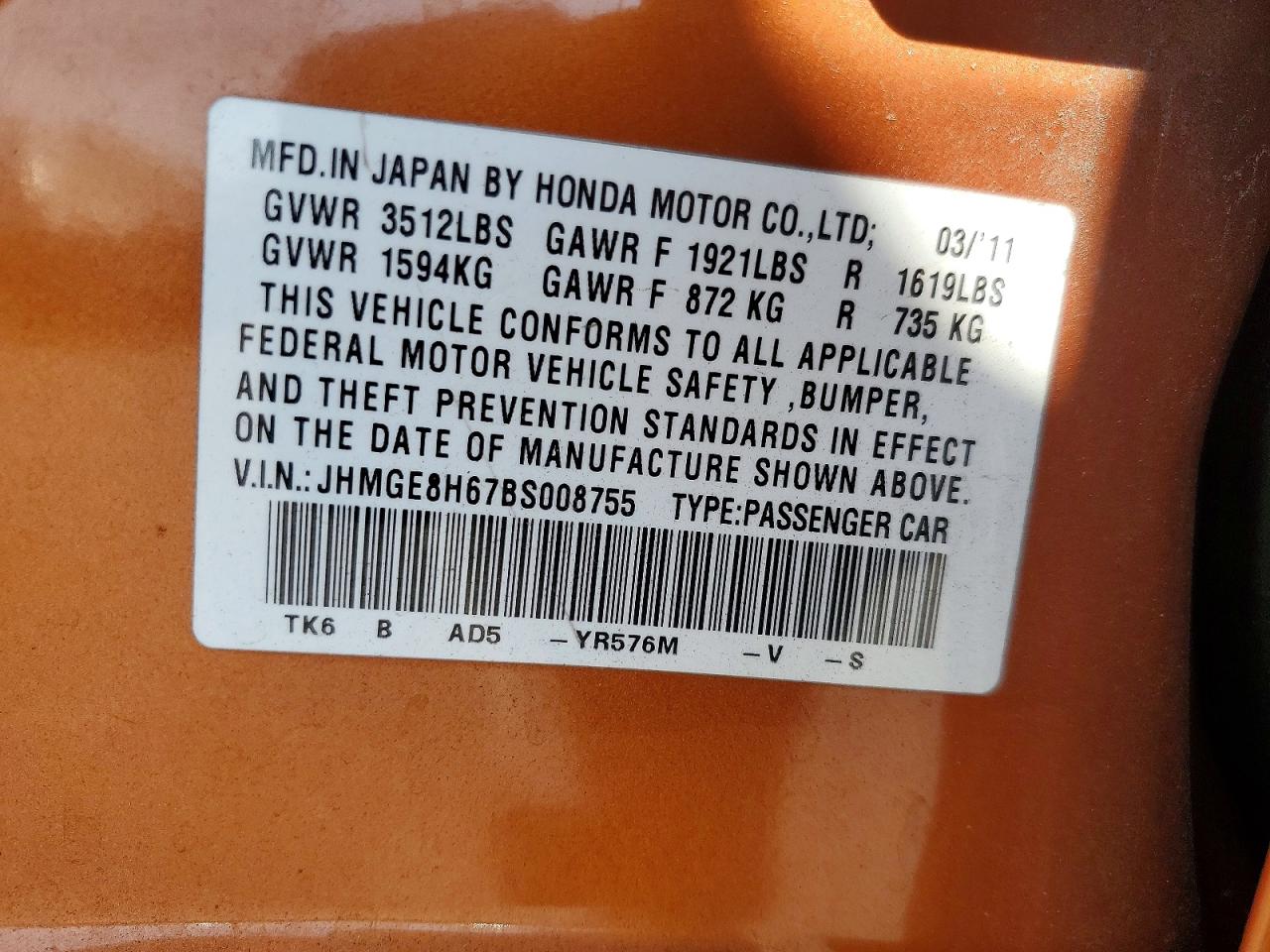 2011 Honda Fit Sport Orange vin: JHMGE8H67BS008755