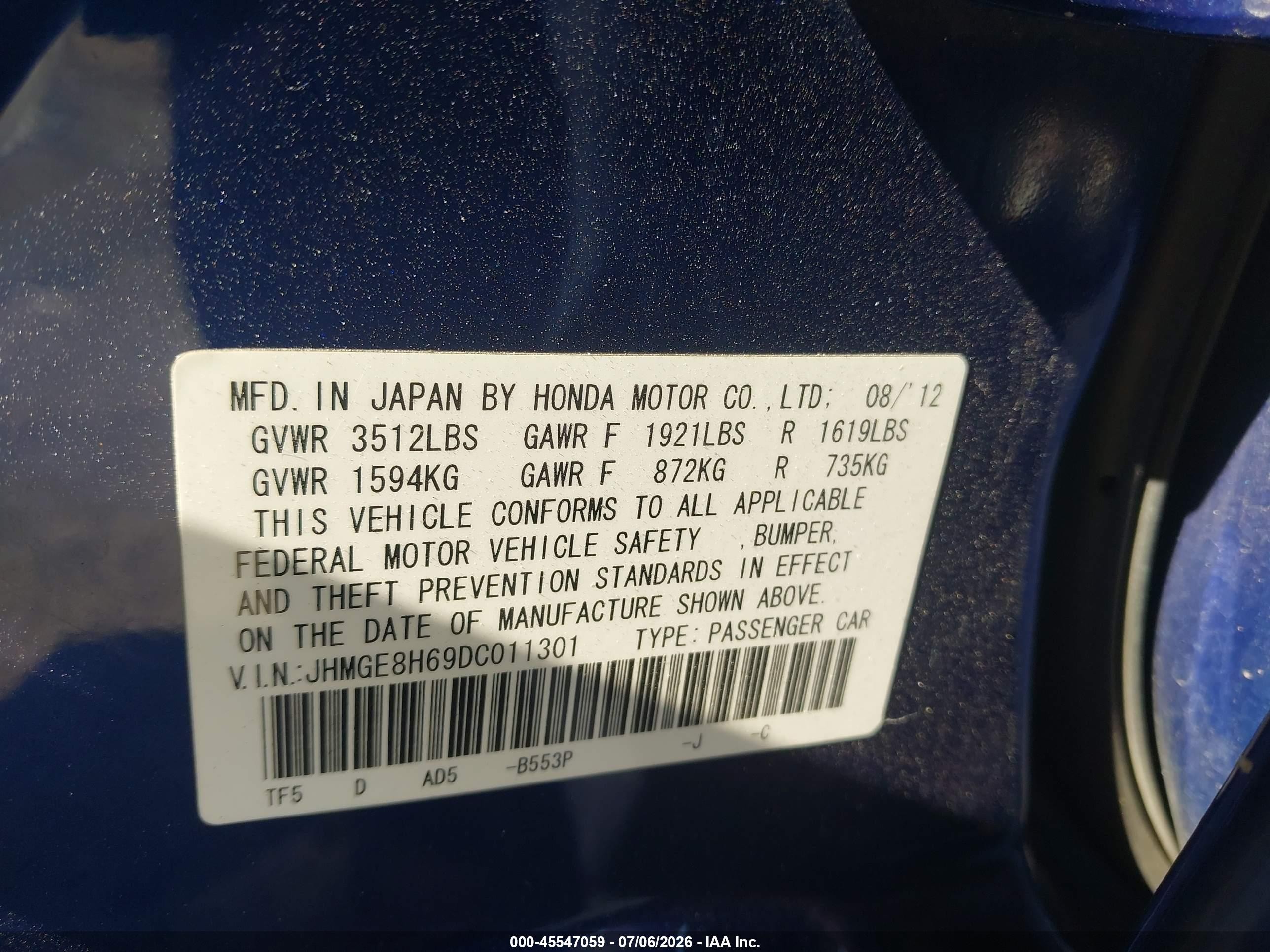 2013 Honda Fit Sport Blue vin: JHMGE8H69DC011301