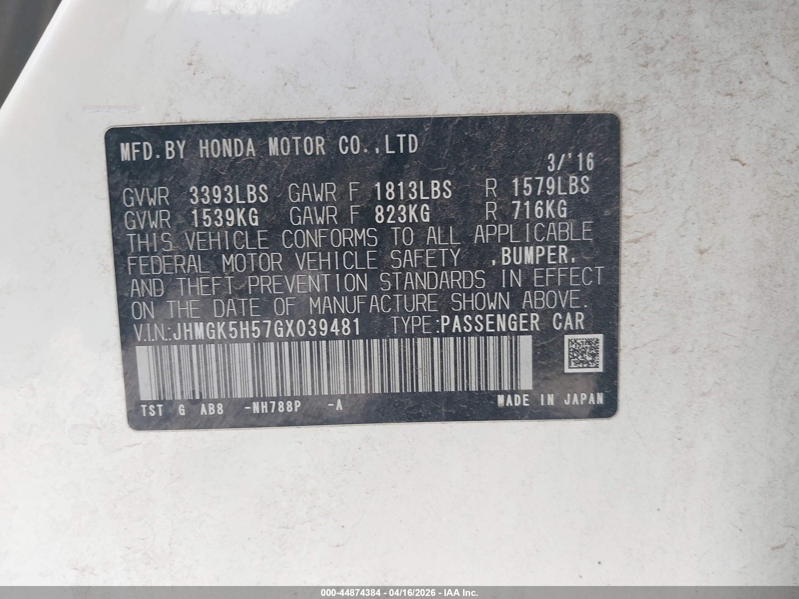 2016 Honda Fit Lx Белый vin: JHMGK5H57GX039481