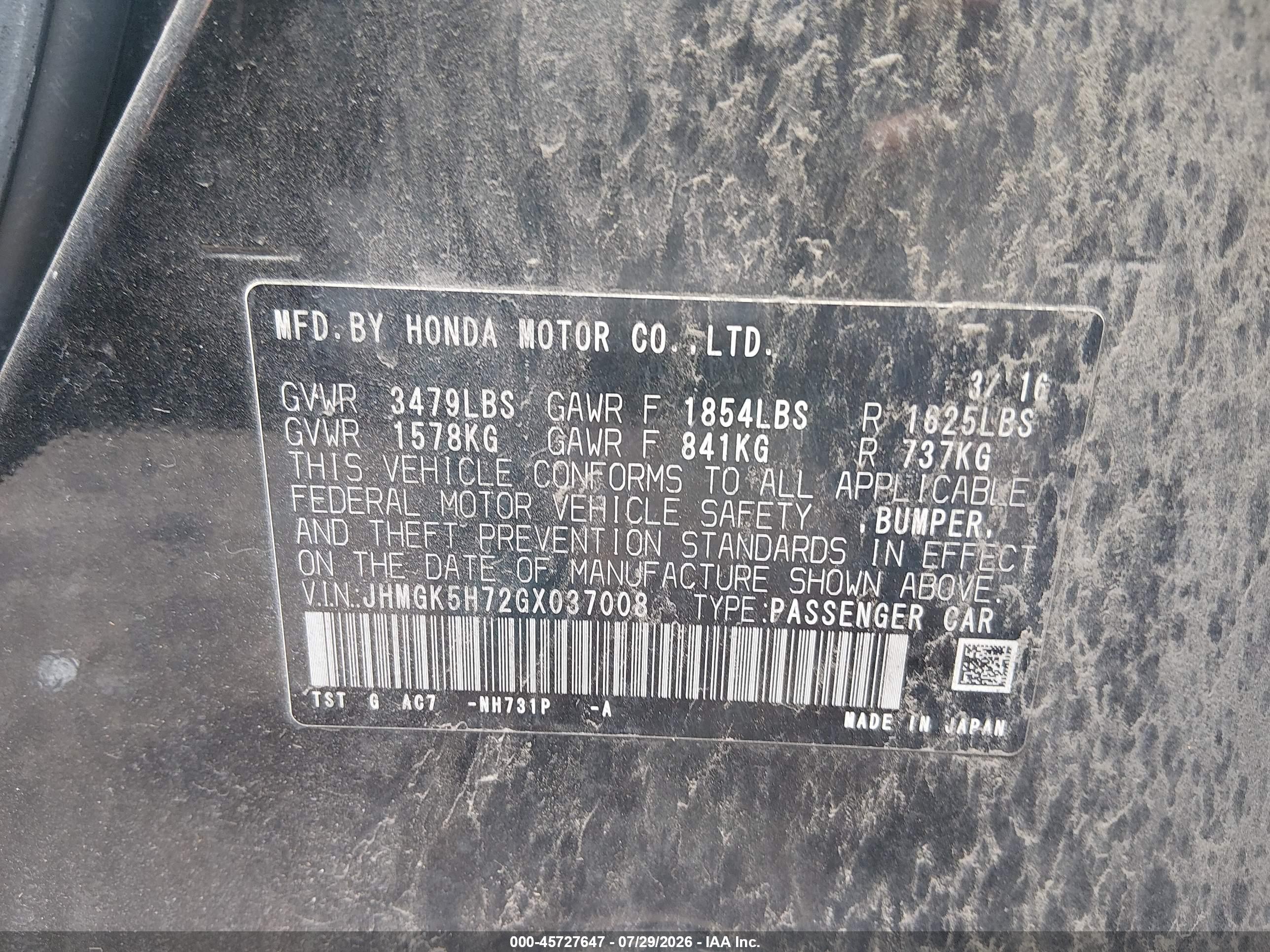 2016 Honda Fit Ex Black vin: JHMGK5H72GX037008
