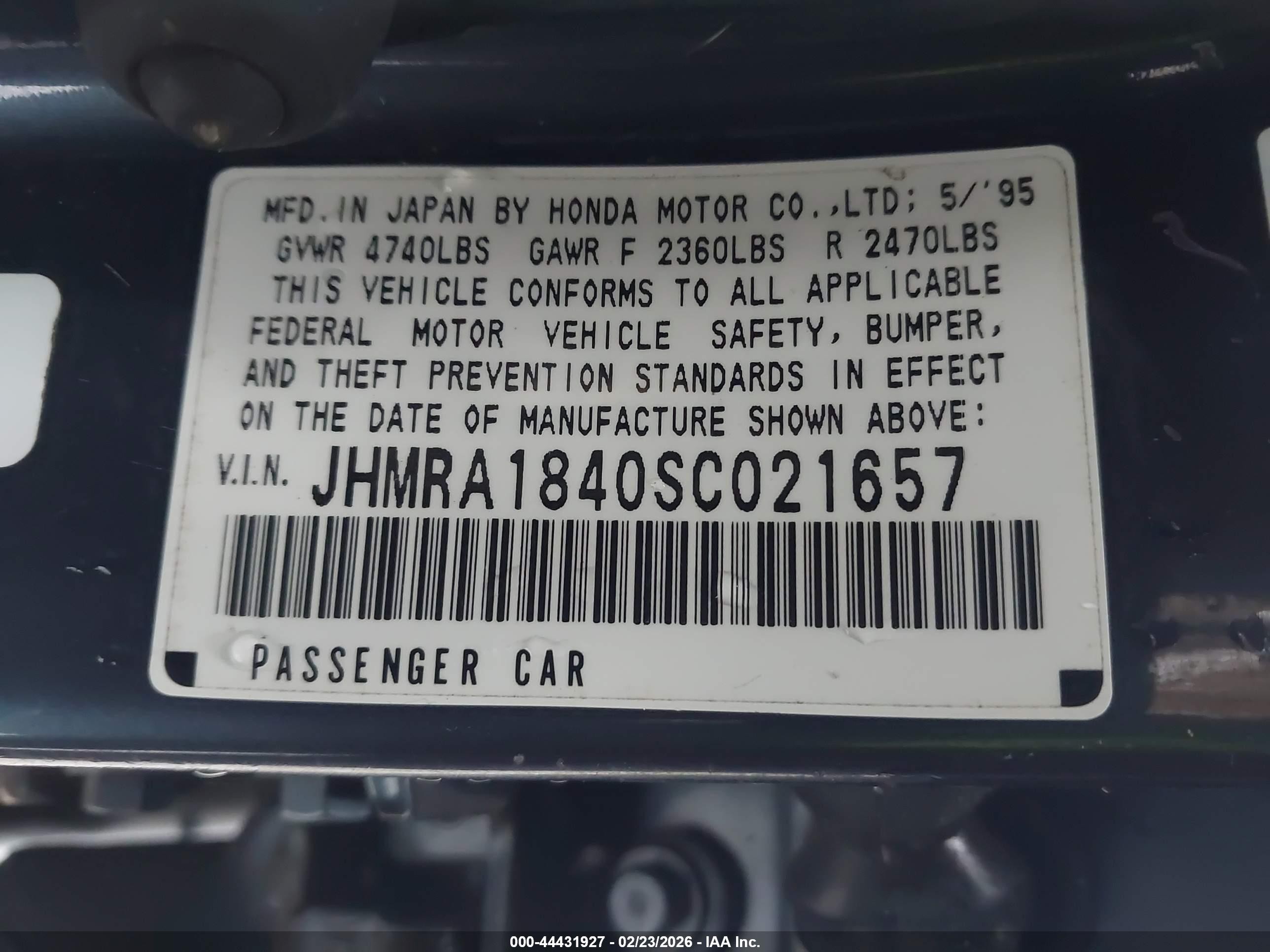 1995 Honda Odyssey Lx/ex Blue vin: JHMRA1840SC021657