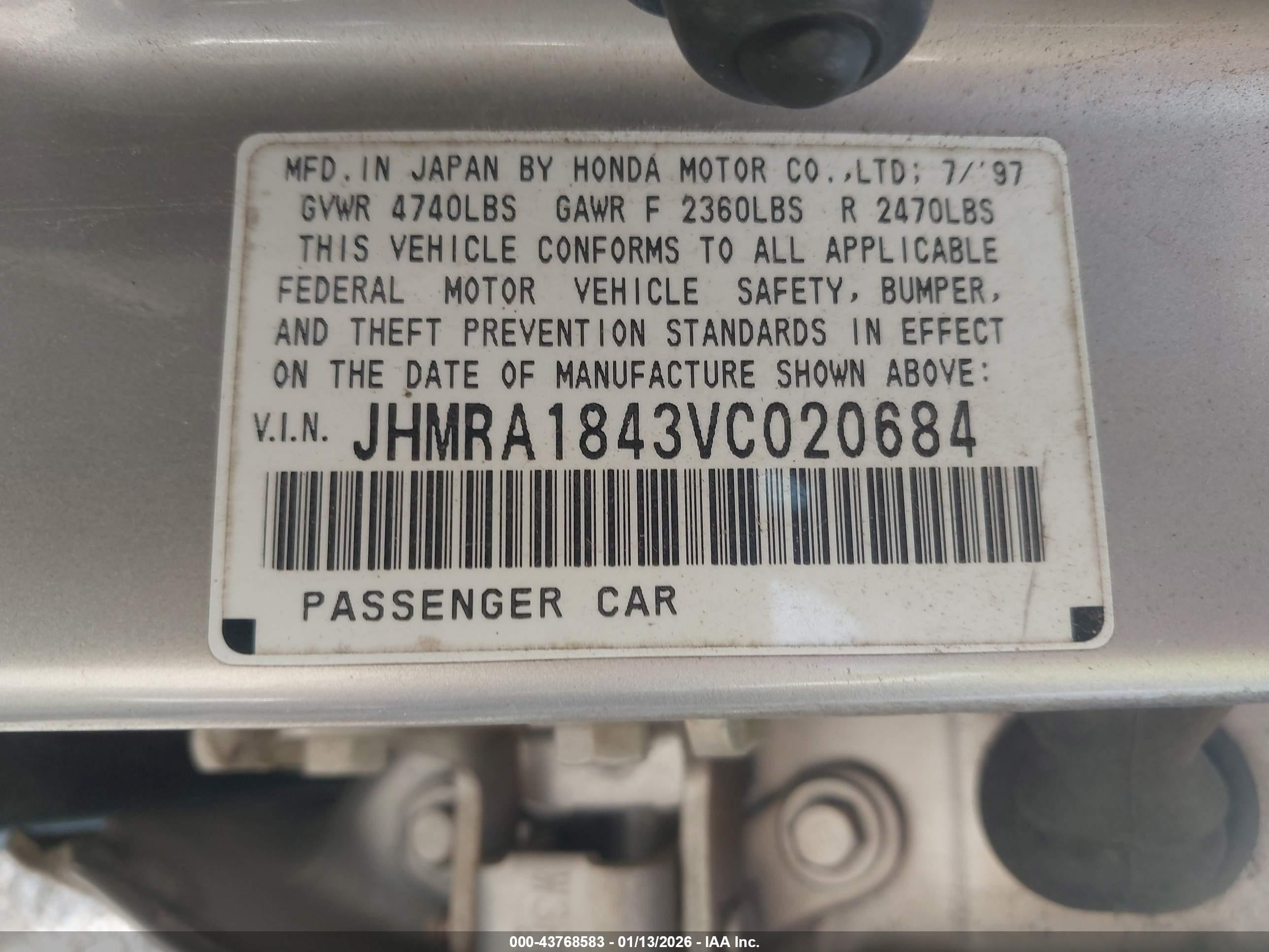 1997 Honda Odyssey Lx Silver vin: JHMRA1843VC020684
