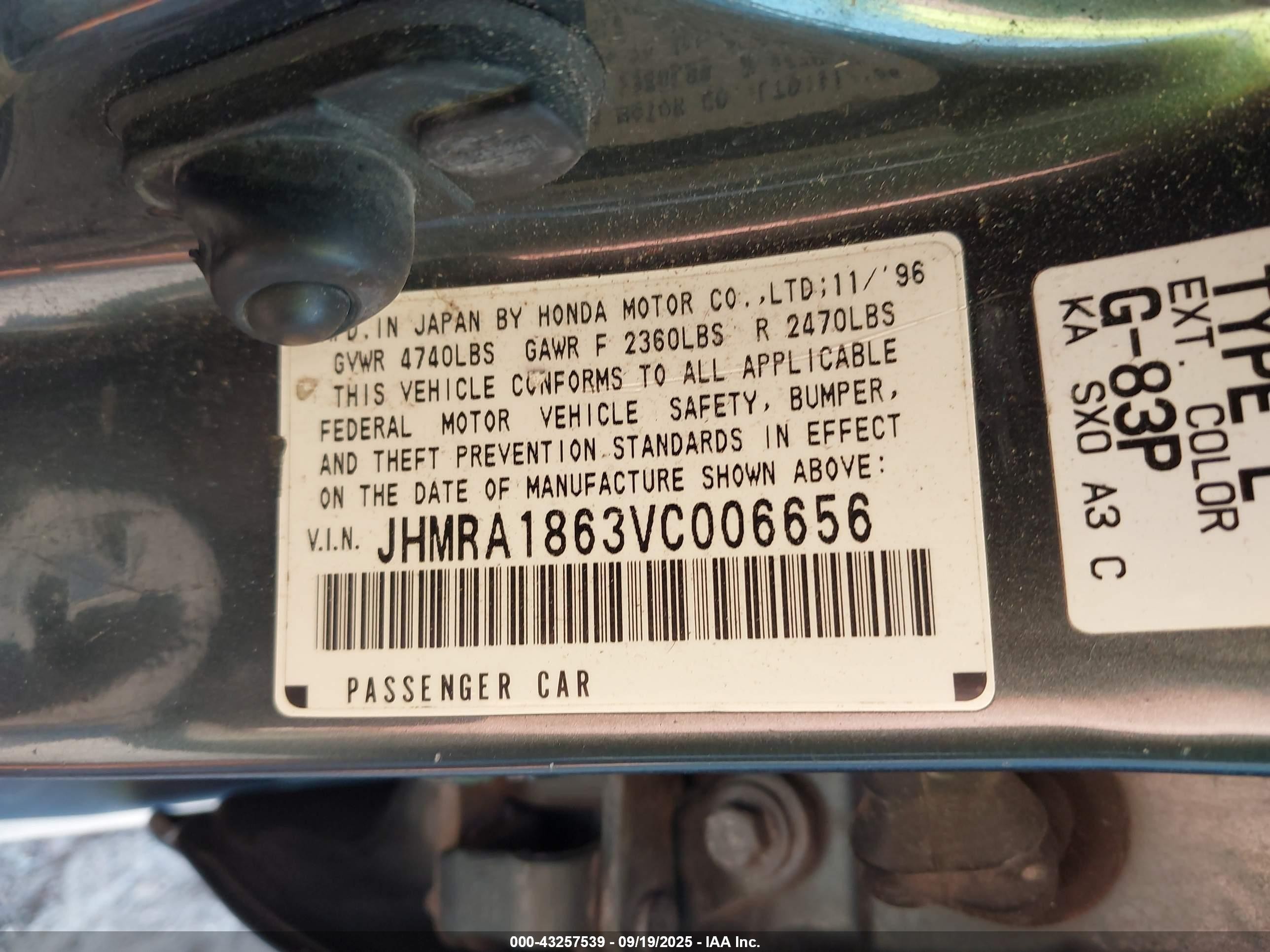 1997 Honda Odyssey Lx Blue vin: JHMRA1863VC006656