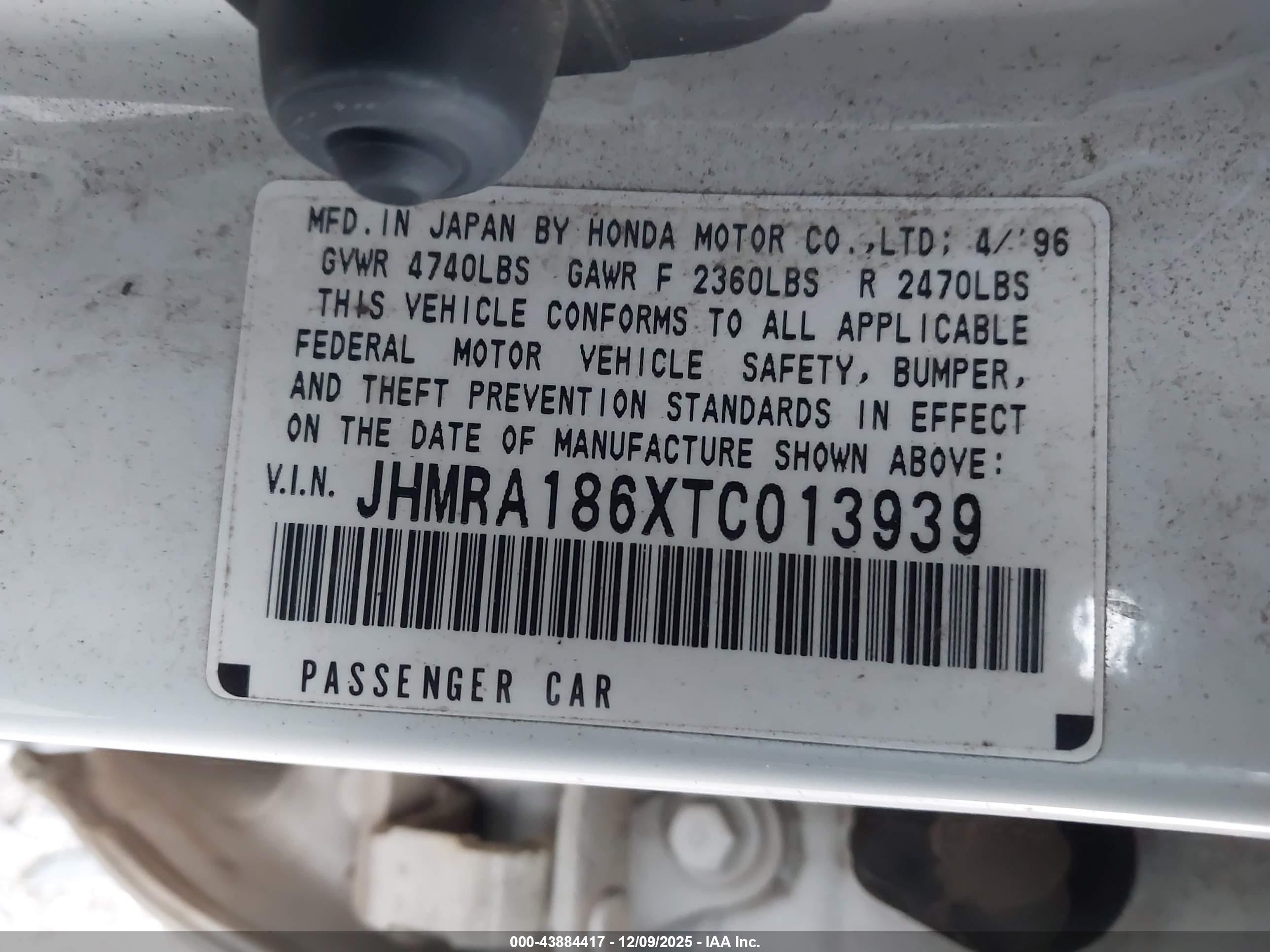 1996 Honda Odyssey Lx Белый vin: JHMRA186XTC013939