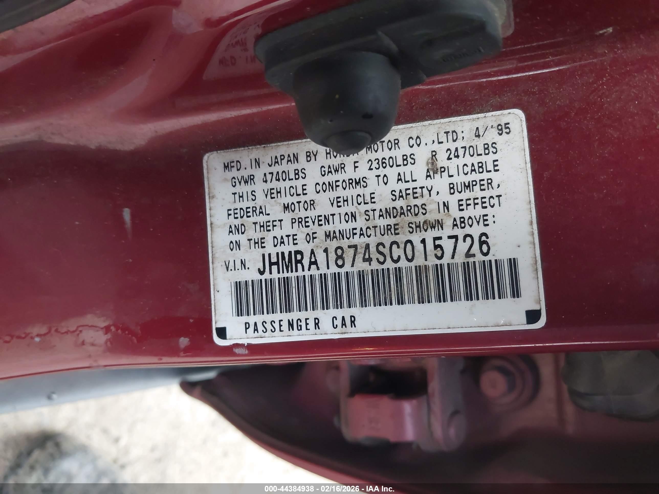 1995 Honda Odyssey Ex Red vin: JHMRA1874SC015726