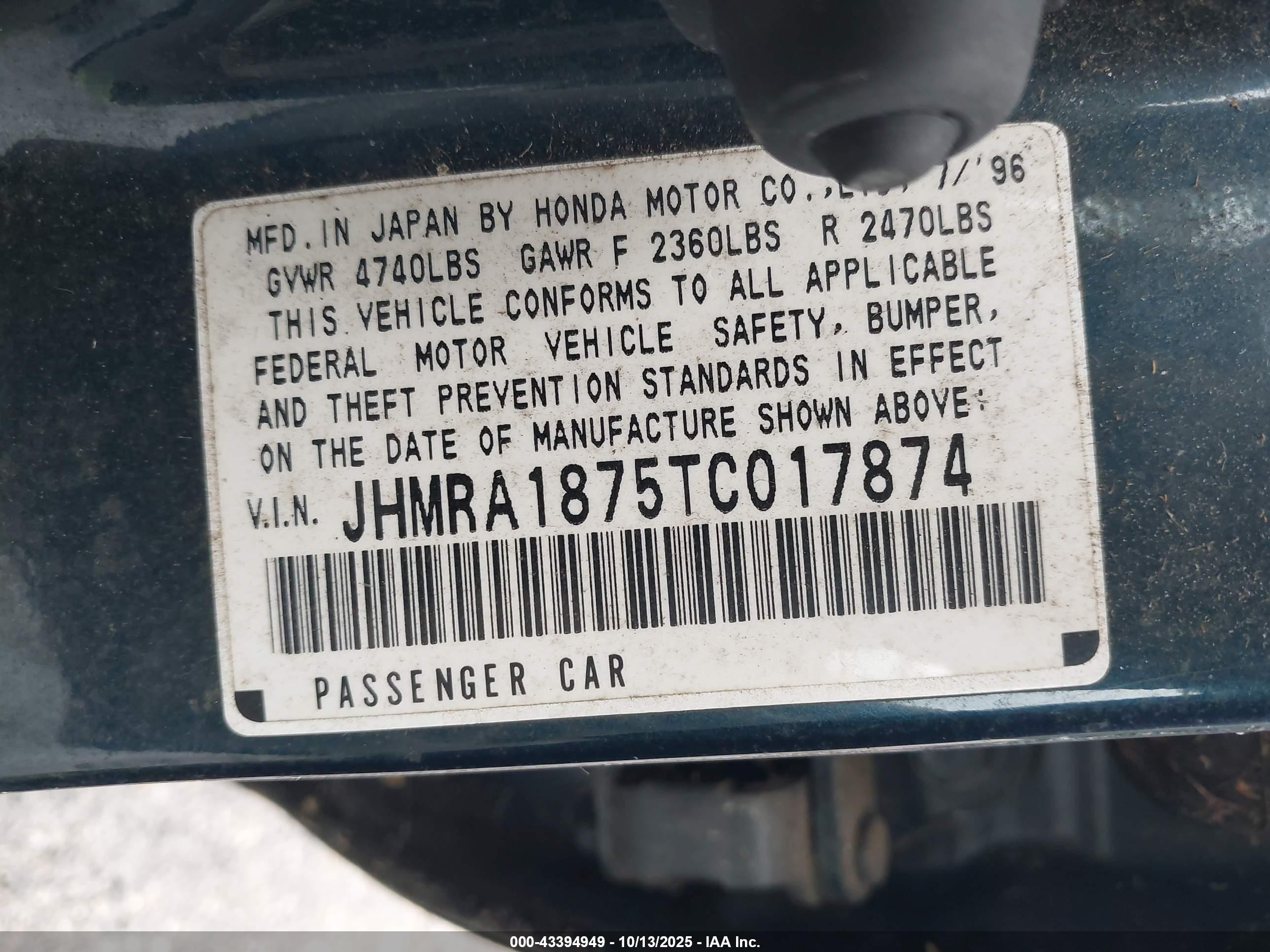 1996 Honda Odyssey Ex Dark Blue vin: JHMRA1875TC017874
