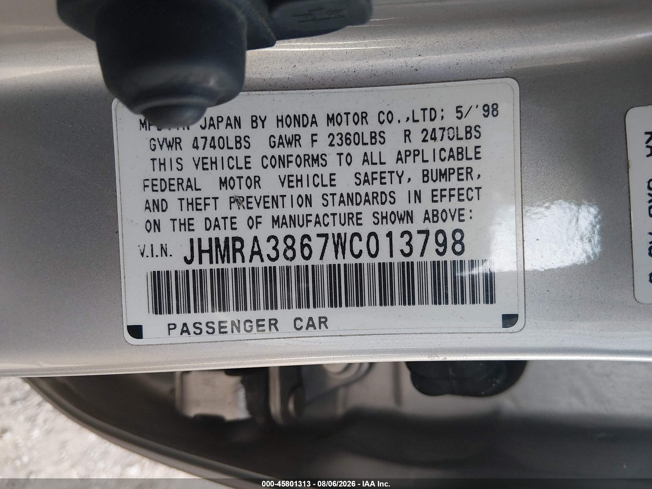 1998 Honda Odyssey Ex/lx Серебряный vin: JHMRA3867WC013798