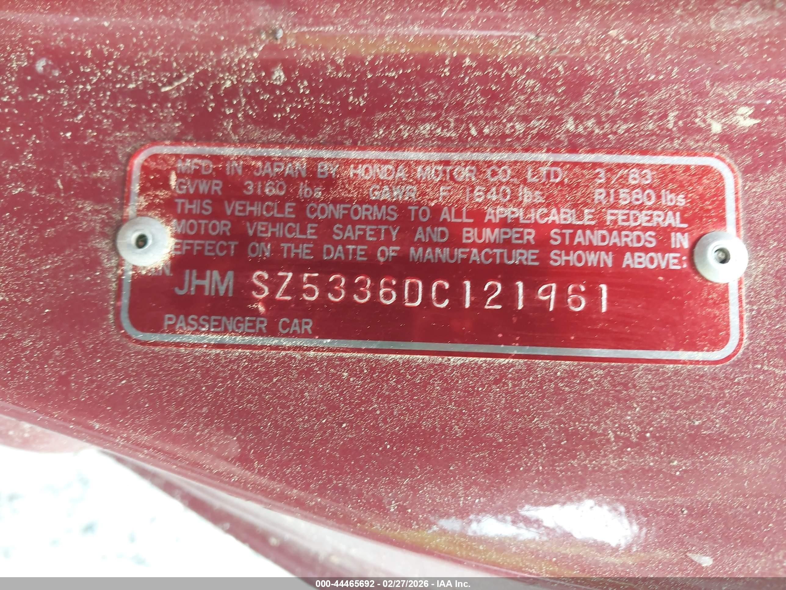 1983 Honda Accord Lx Red vin: JHMSZ5336DC121961