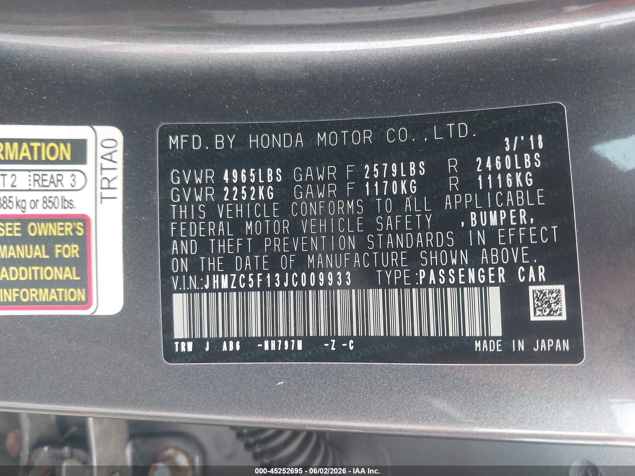 2018 Honda Clarity Plug-in Hybrid   Gray vin: JHMZC5F13JC009933