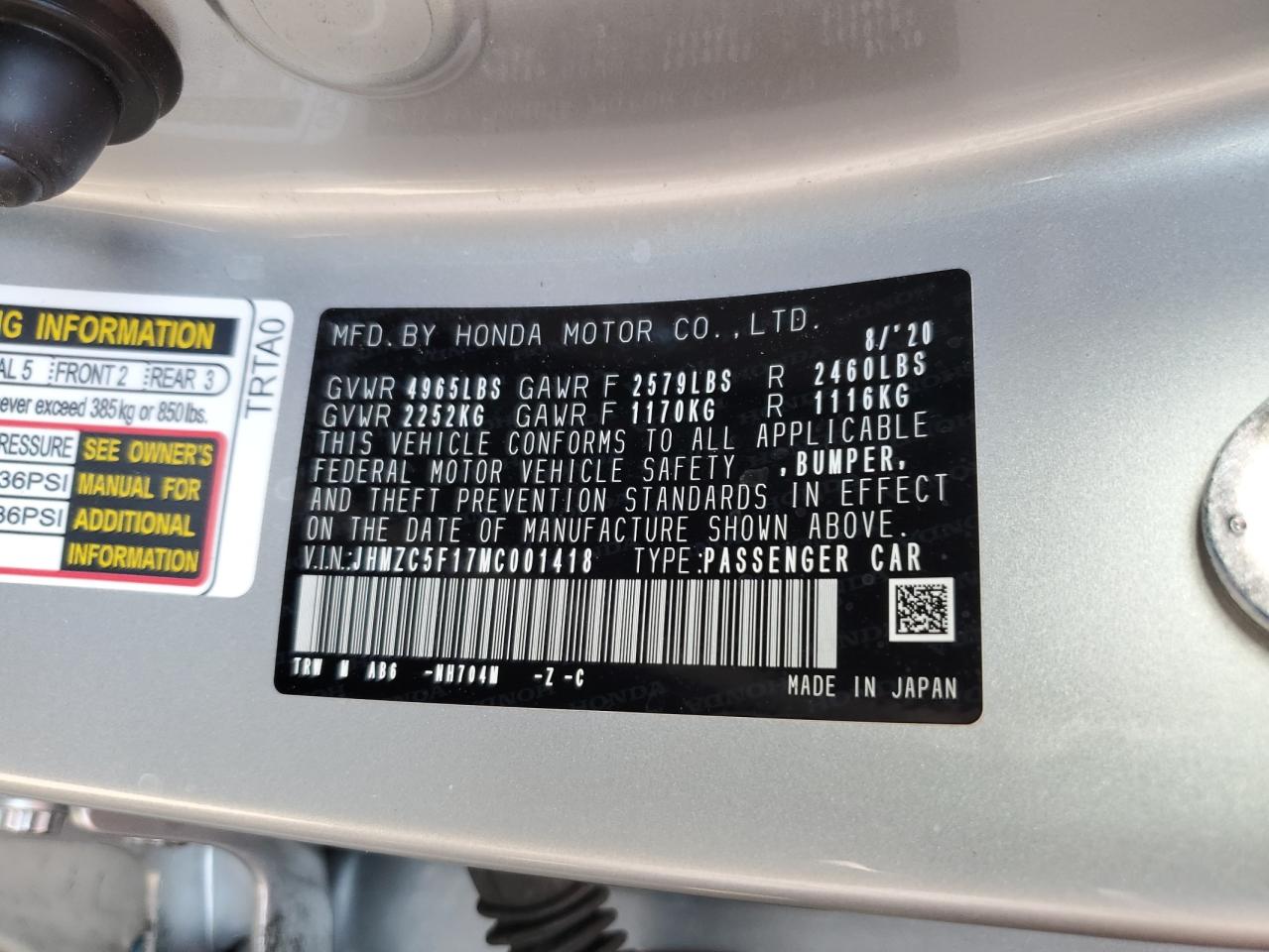 2021 Honda Clarity Silver vin: JHMZC5F17MC001418