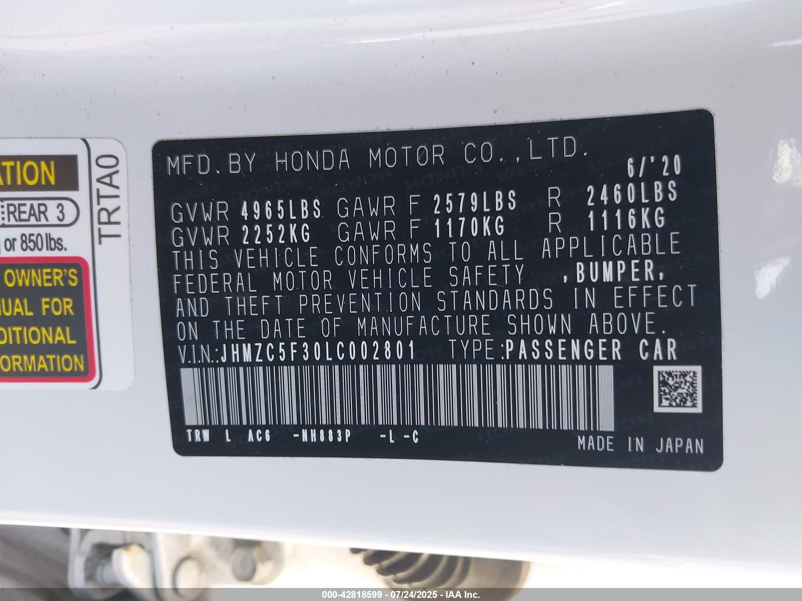 2020 Honda Clarity Plug-in Hybrid Touring White vin: JHMZC5F30LC002801
