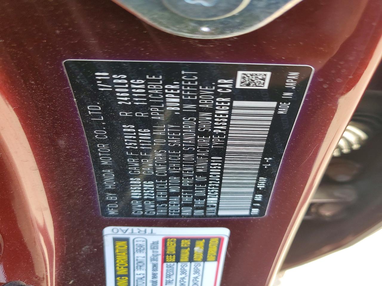2018 Honda Clarity Touring Burgundy vin: JHMZC5F32JC005910