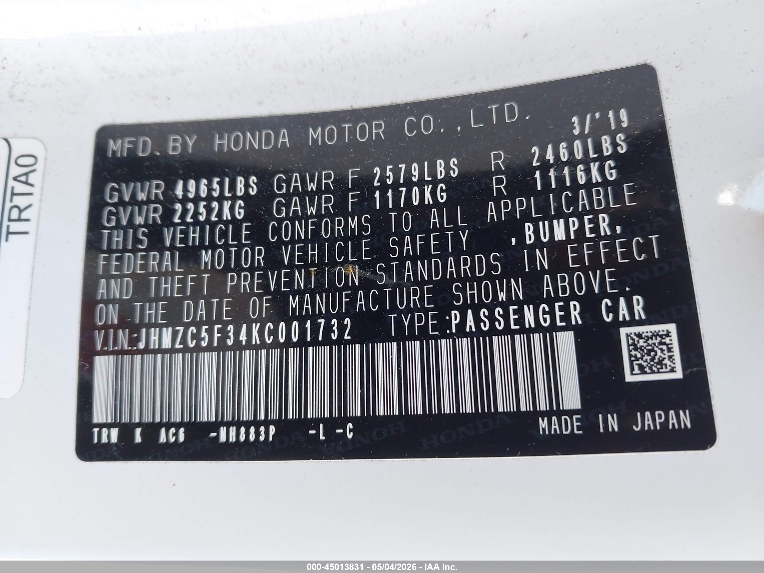 2019 Honda Clarity Plug-in Hybrid Touring White vin: JHMZC5F34KC001732