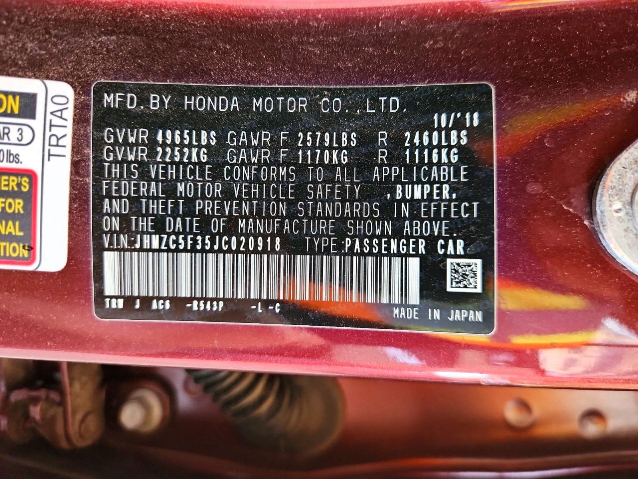 2018 Honda Clarity Touring Burgundy vin: JHMZC5F35JC020918
