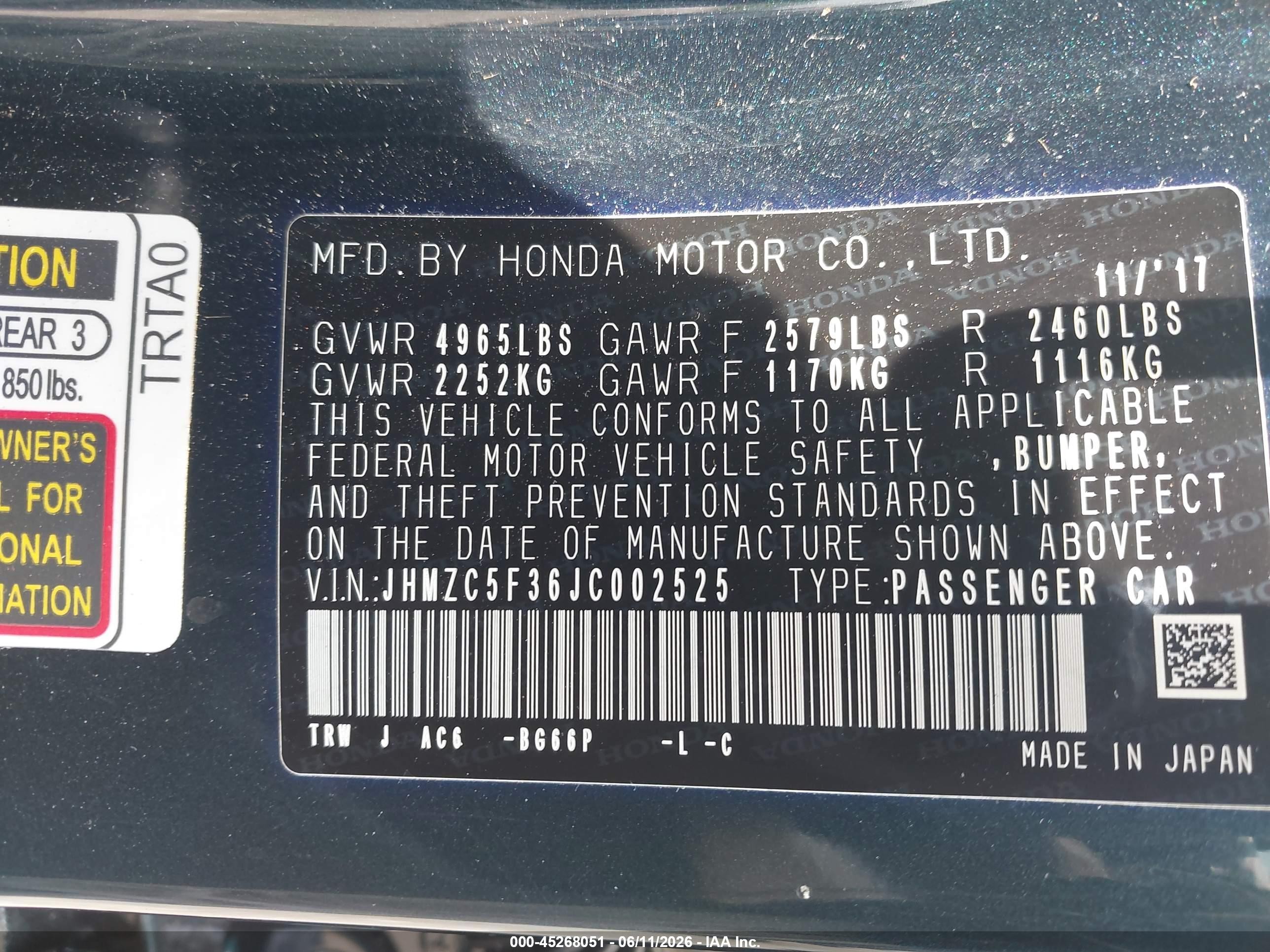 2018 Honda Clarity Plug-in Hybrid Touring Blue vin: JHMZC5F36JC002525