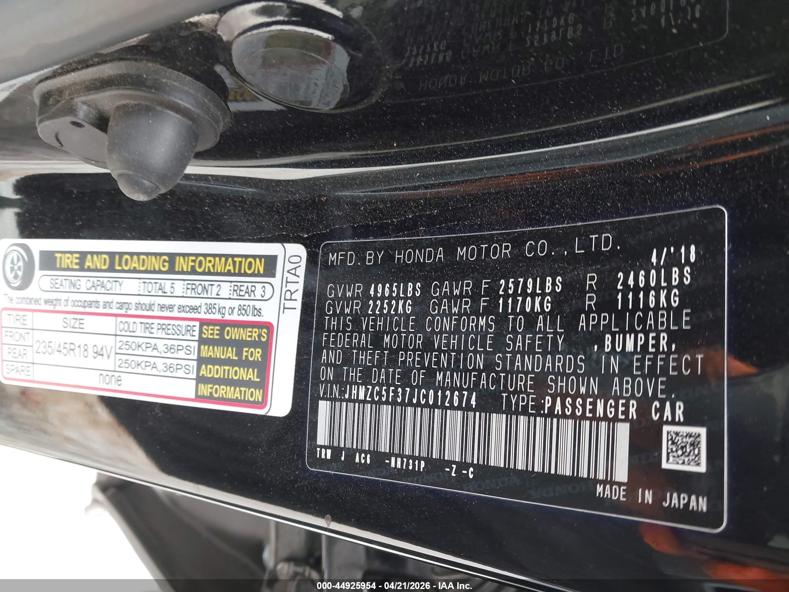 2018 Honda Clarity Plug-in Hybrid Touring Black vin: JHMZC5F37JC012674