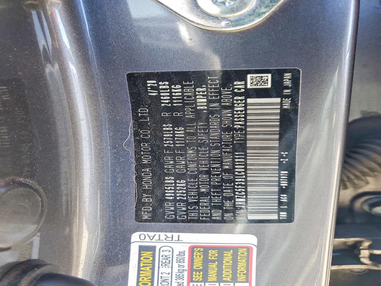 2020 Honda Clarity Touring Gray vin: JHMZC5F39LC001811