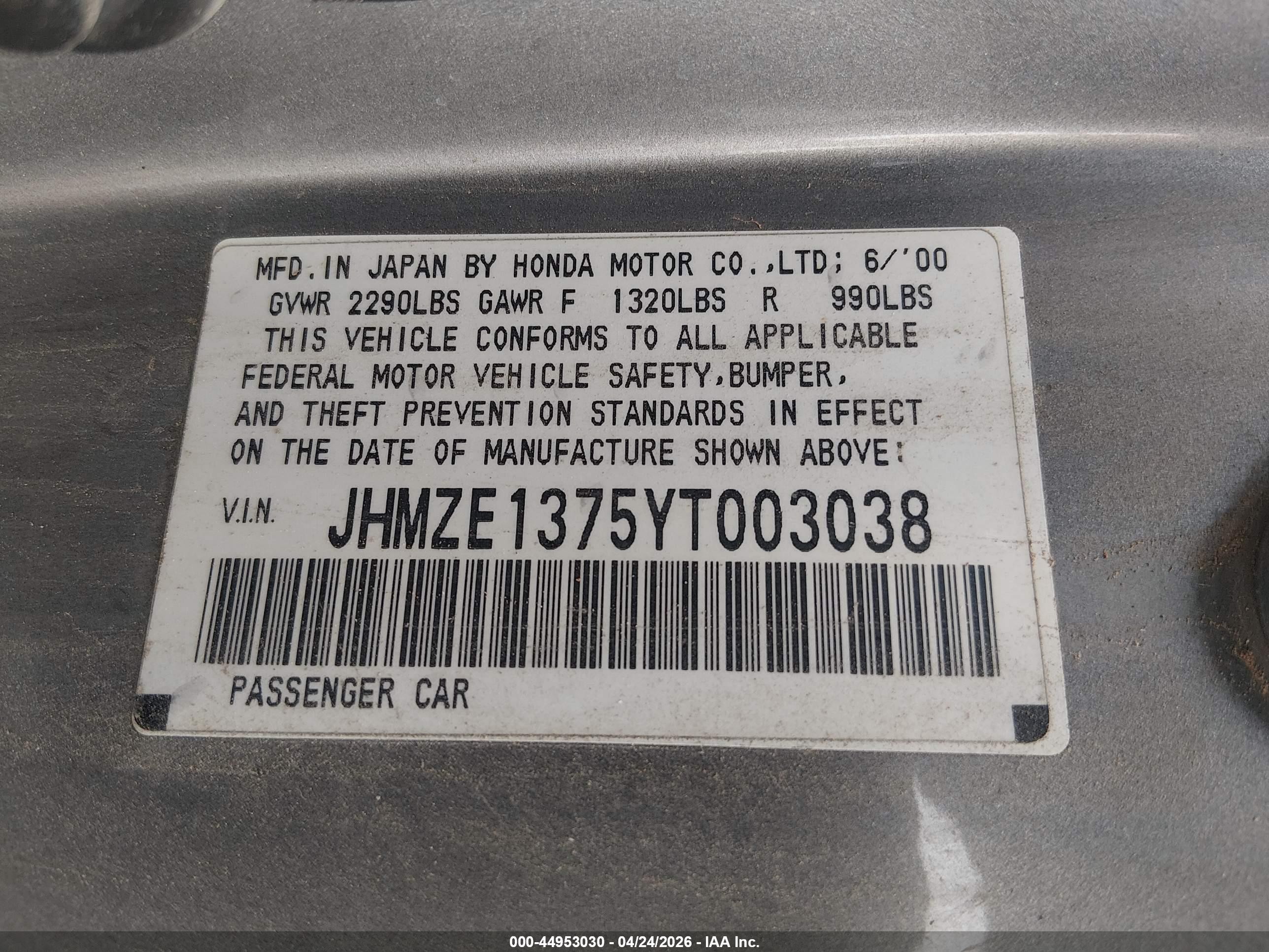 2000 Honda Insight   Серебряный vin: JHMZE1375YT003038