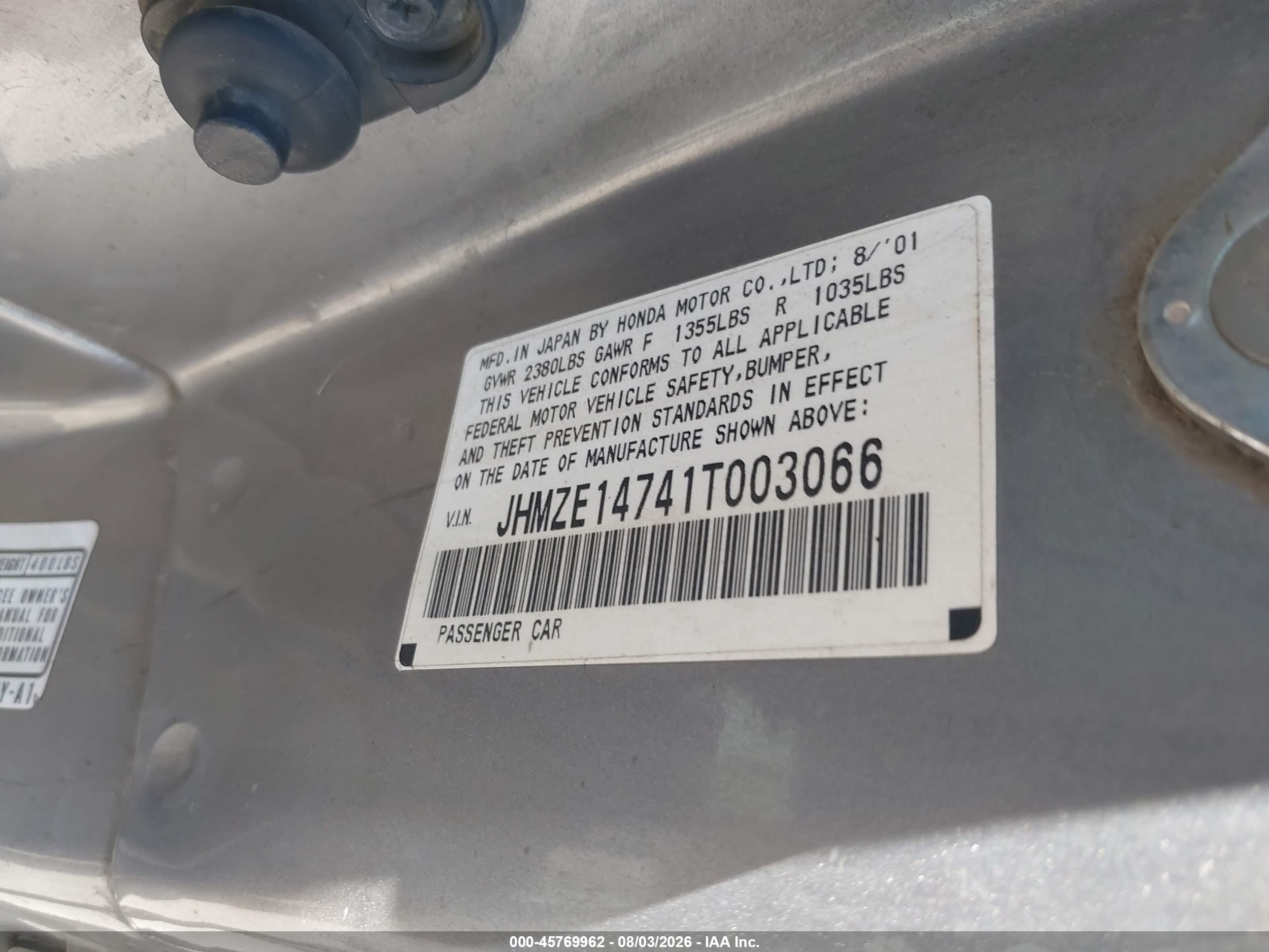 2001 Honda Insight Cvt Silver vin: JHMZE14741T003066