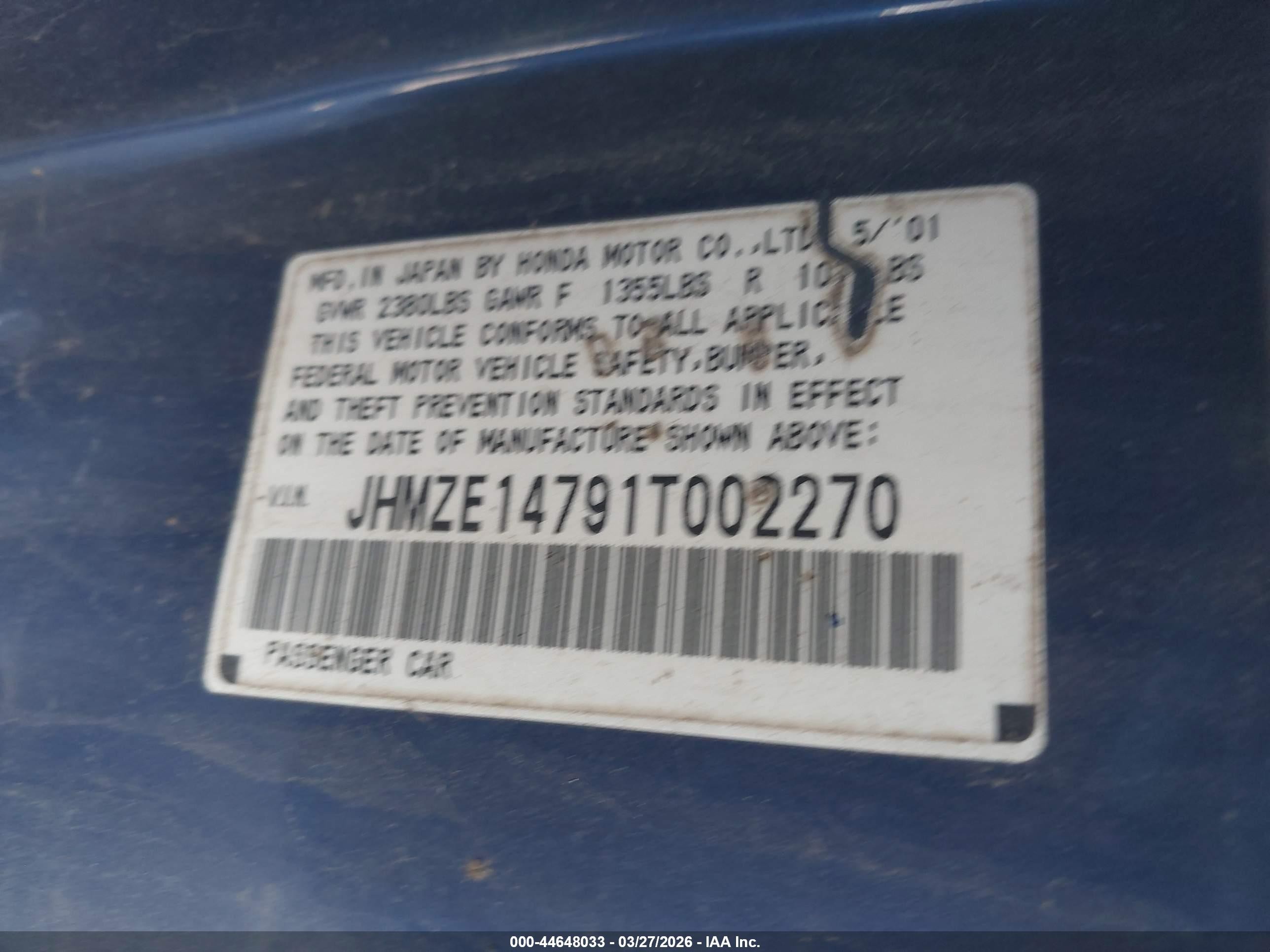 2001 Honda Insight Cvt Blue vin: JHMZE14791T002270