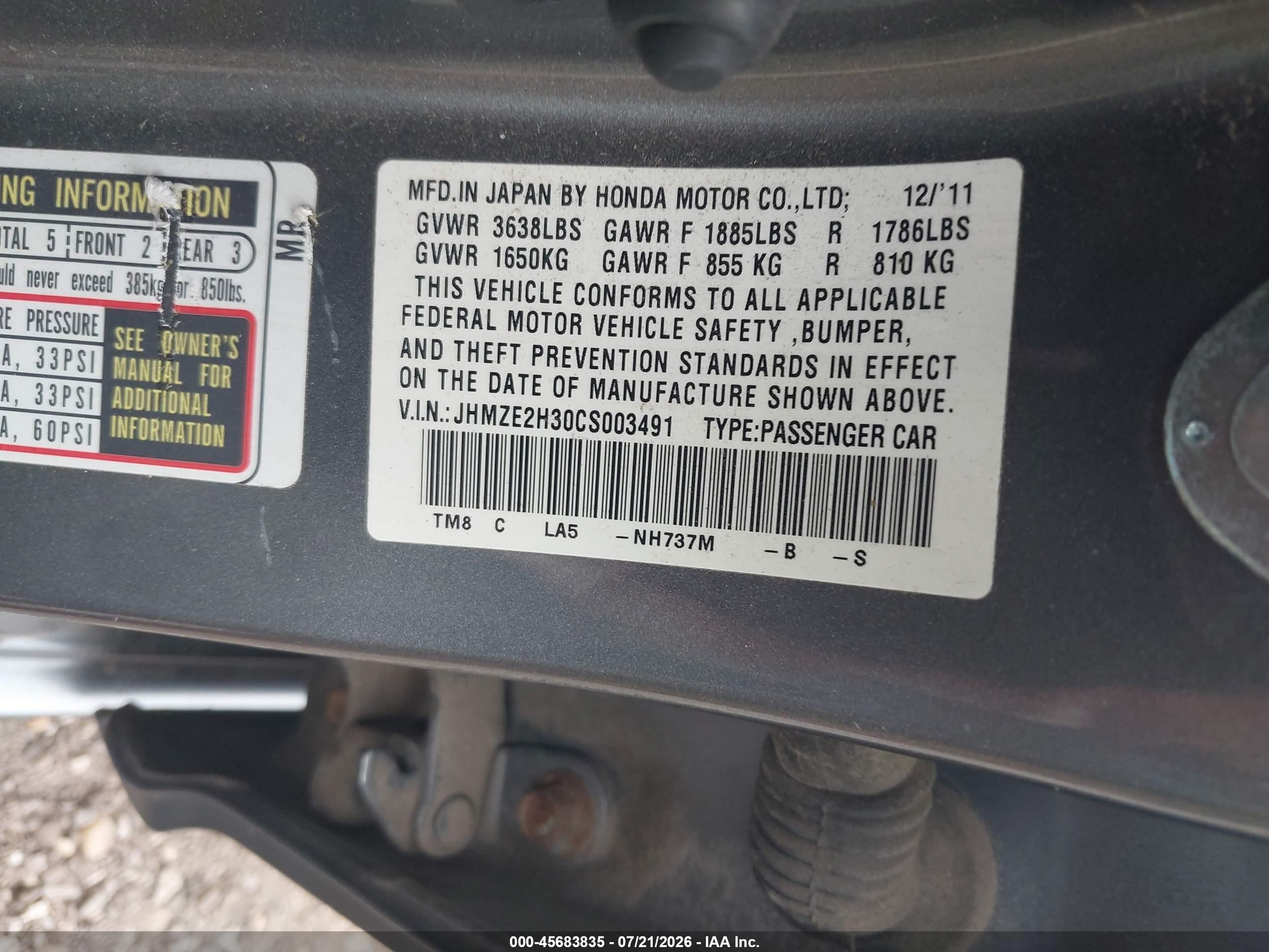 2012 Honda Insight   Gray vin: JHMZE2H30CS003491