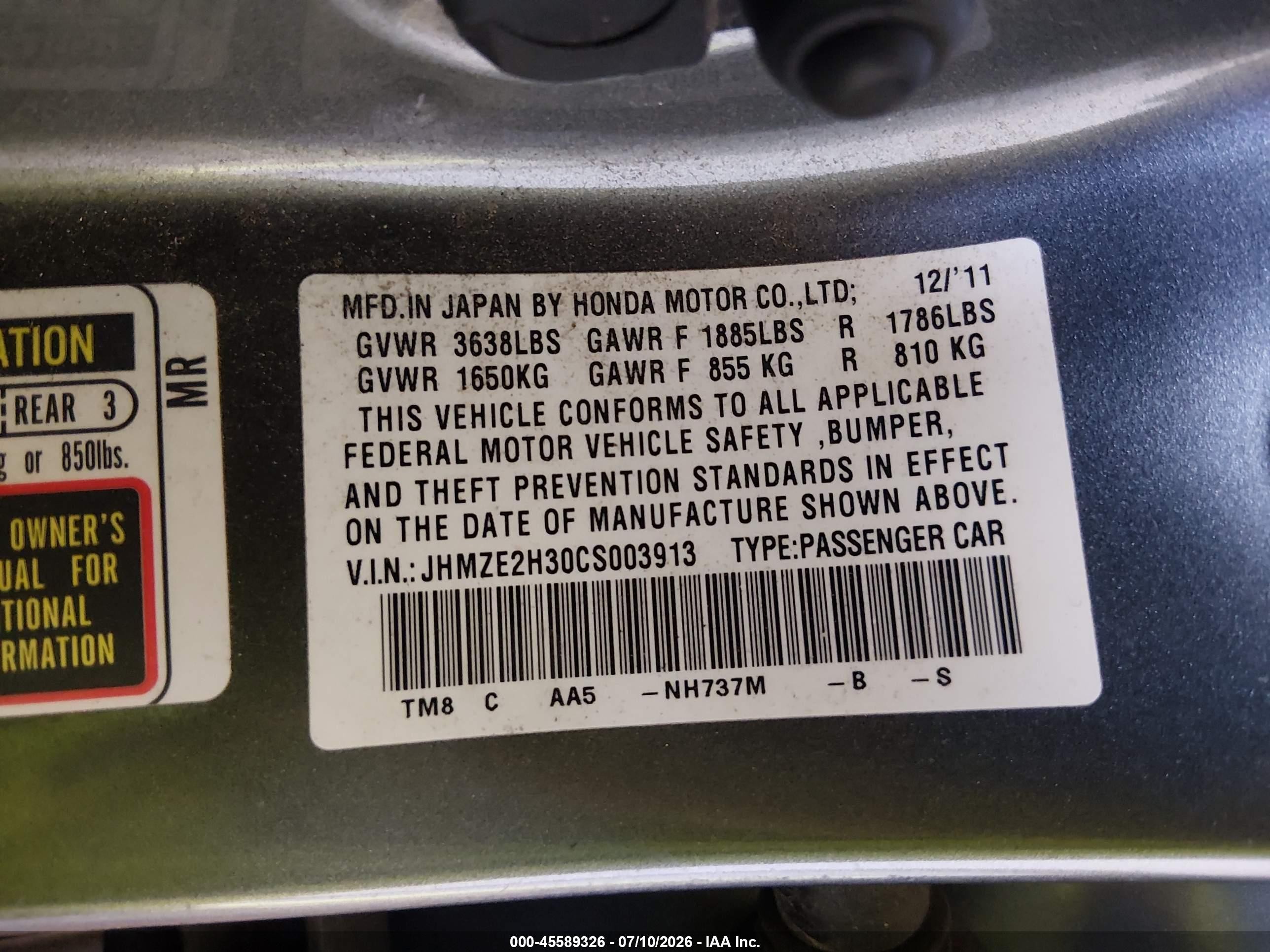 2012 Honda Insight   Gray vin: JHMZE2H30CS003913