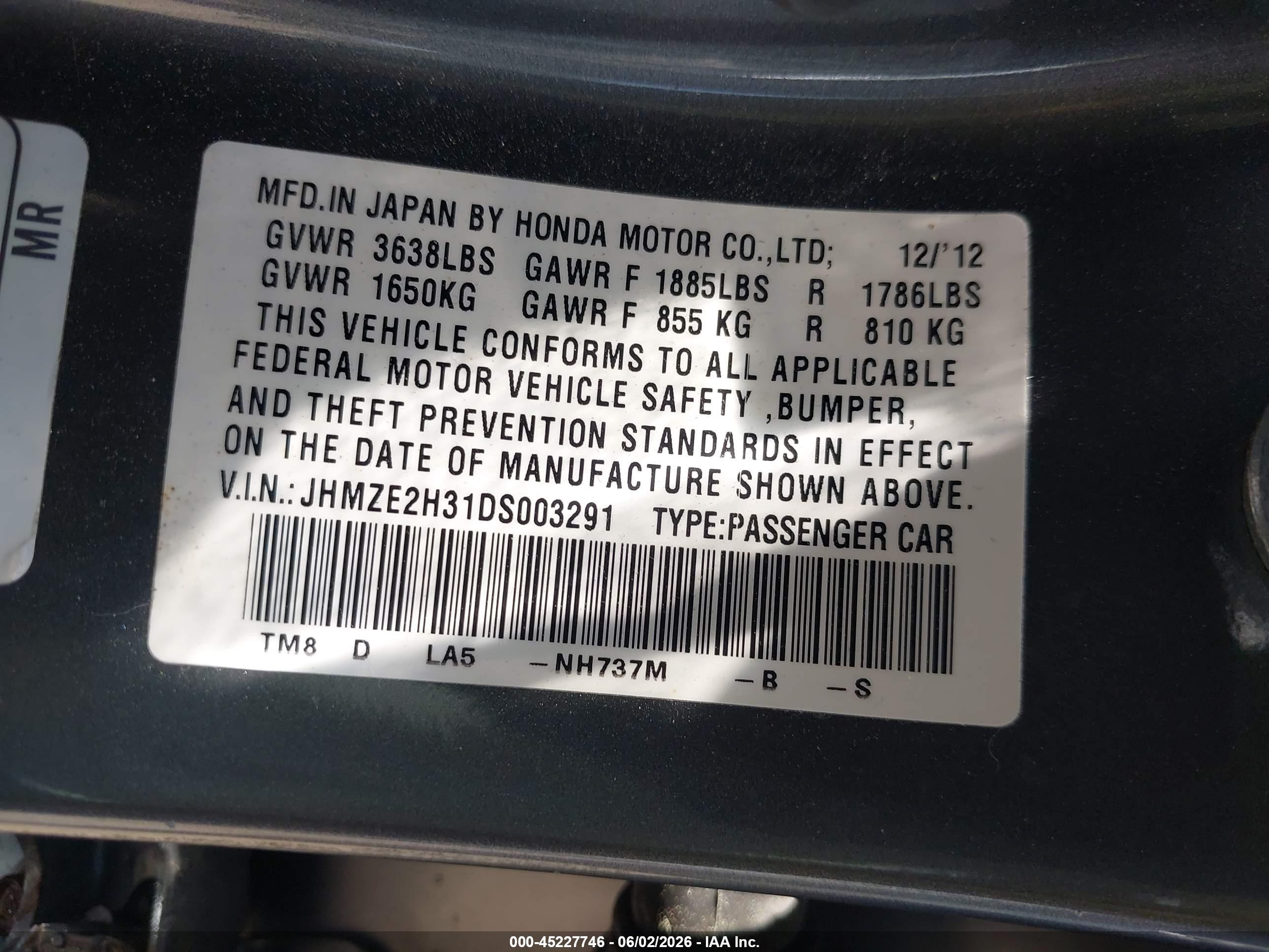 2013 Honda Insight Gray vin: JHMZE2H31DS003291