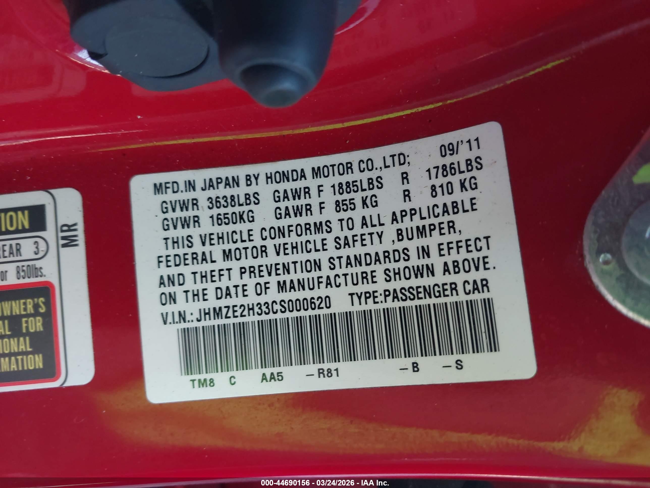 2012 Honda Insight   Red vin: JHMZE2H33CS000620