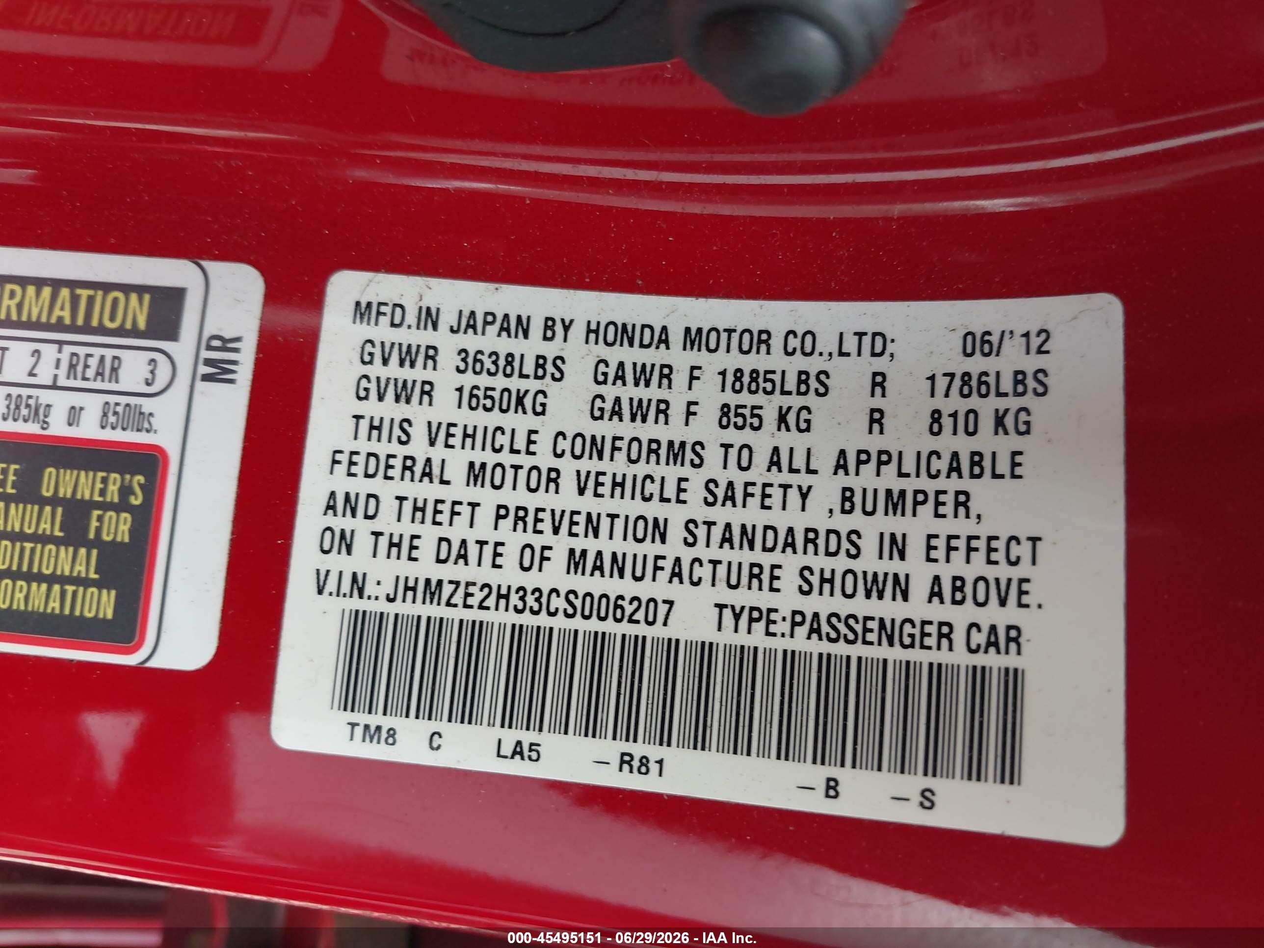 2012 Honda Insight   Red vin: JHMZE2H33CS006207