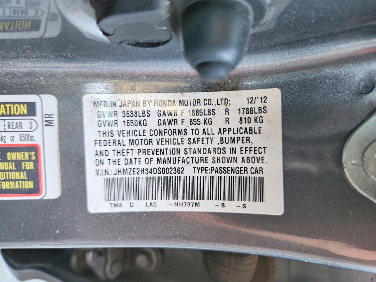 2013 Honda Insight Gray vin: JHMZE2H34DS002362